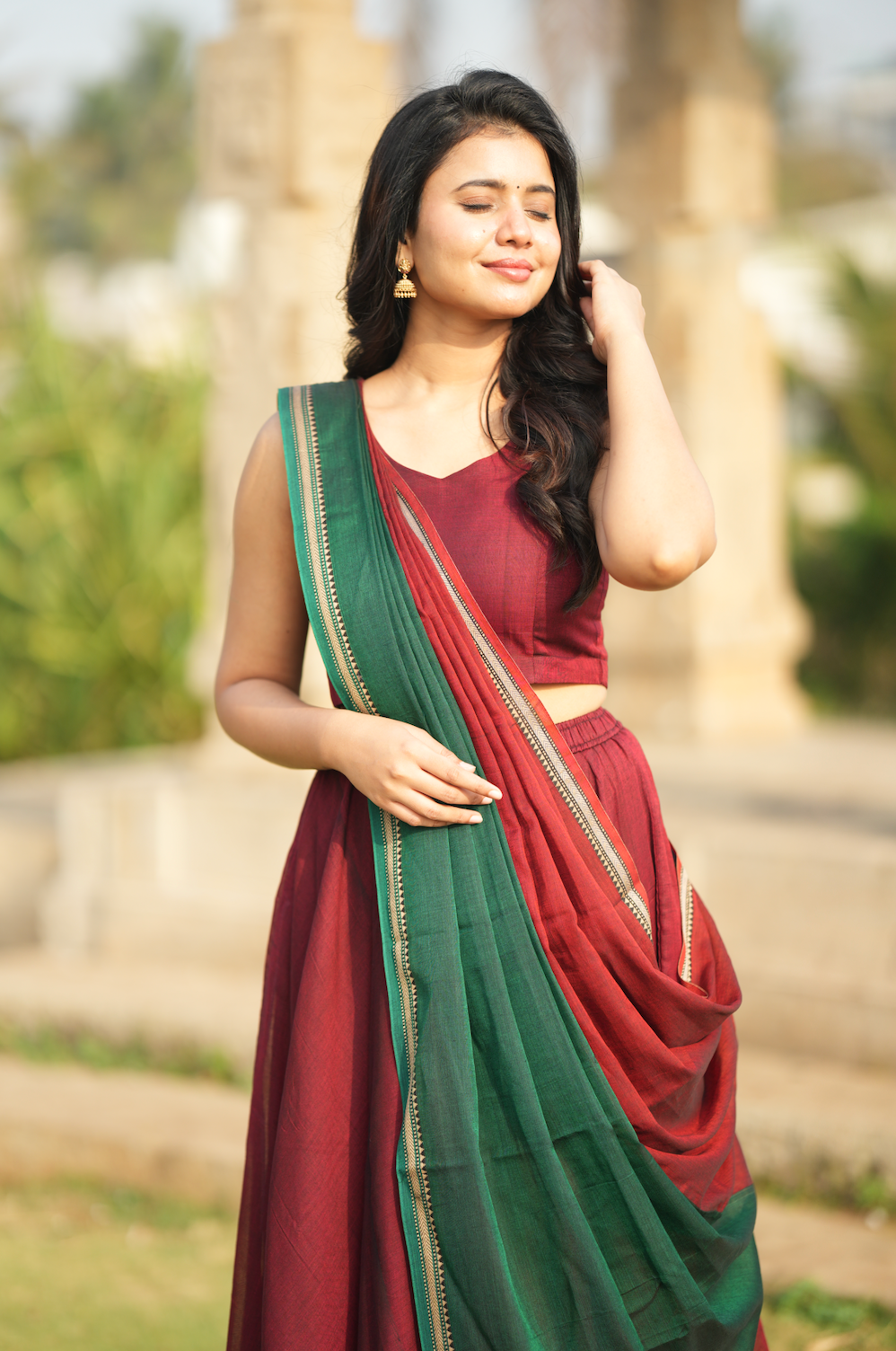 Bhama – Maroon Narayanpet Handloom Skirt & Crop Top Set