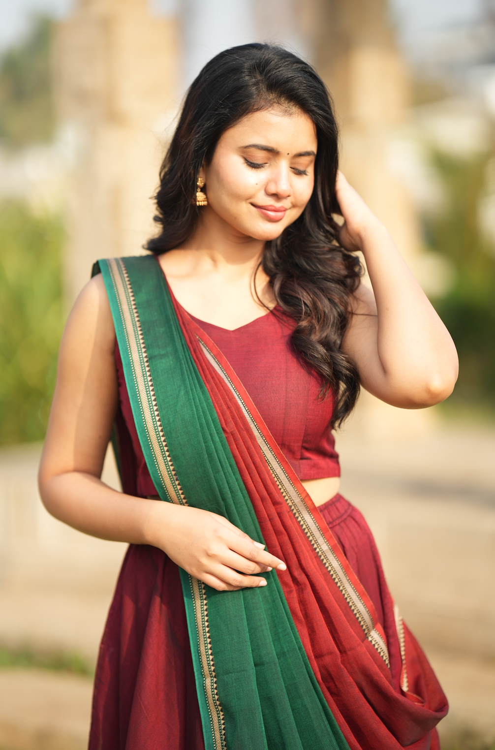 Bhama – Maroon Narayanpet Handloom Skirt & Crop Top Set