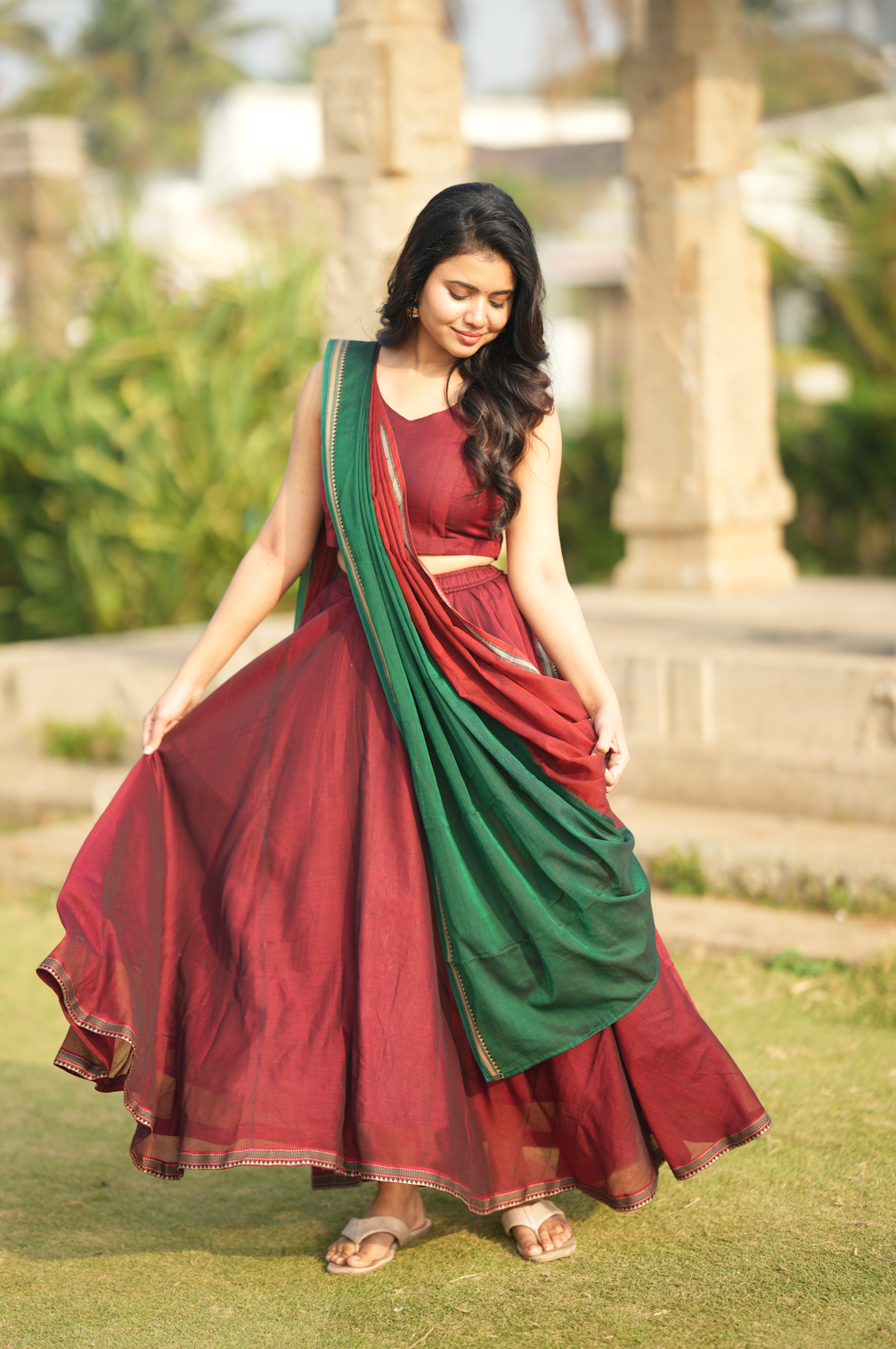 Bhama – Maroon Narayanpet Handloom Skirt & Crop Top Set