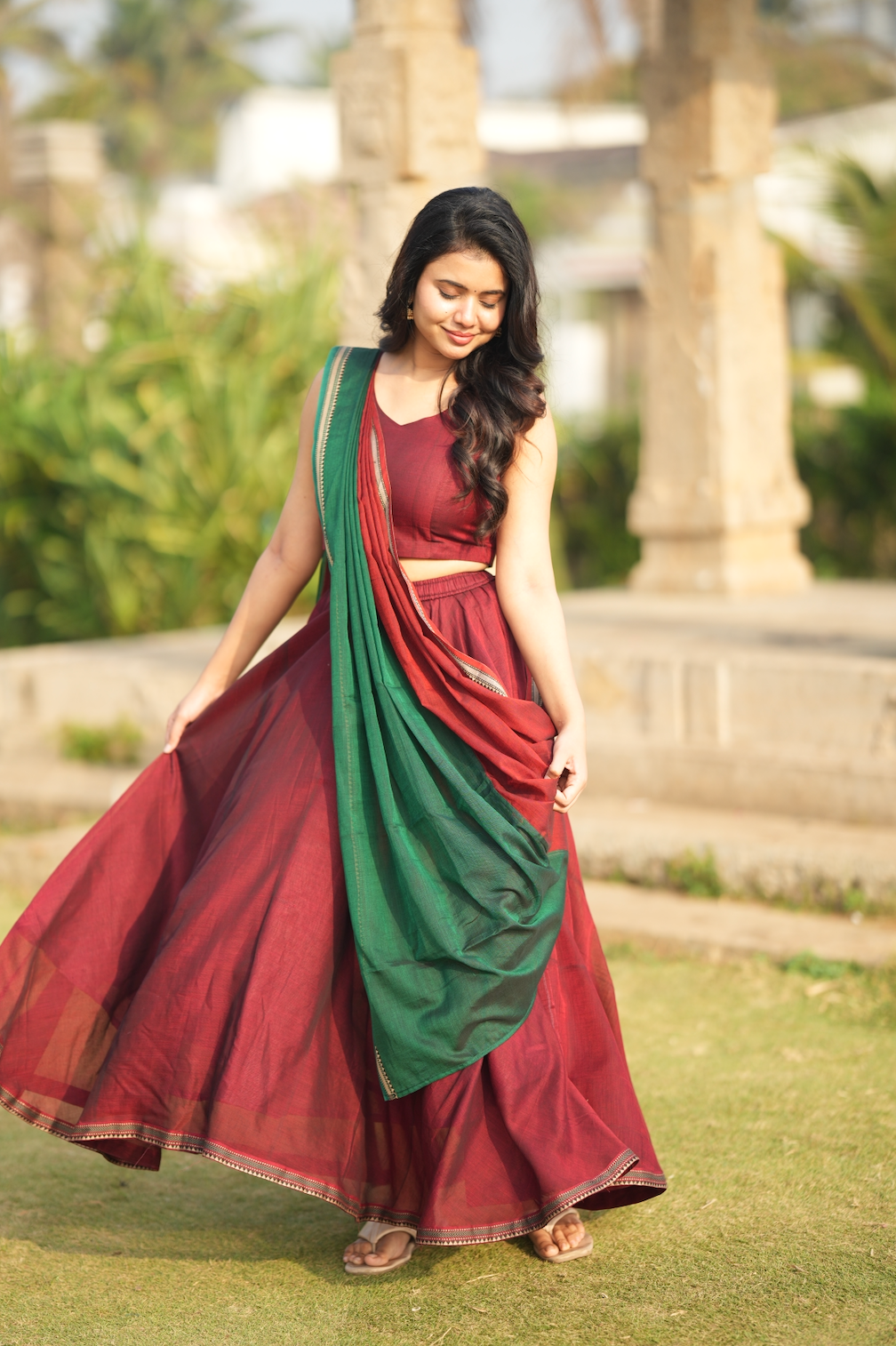 Bhama – Maroon Narayanpet Handloom Skirt & Crop Top Set