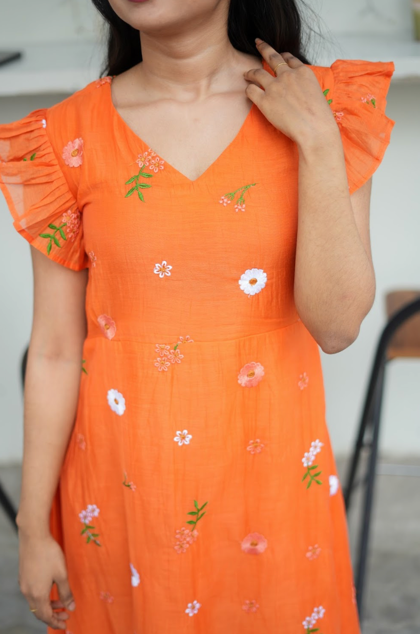 AYANA -Summer'26 (Fanta orange Floral embroidered dress) VC737