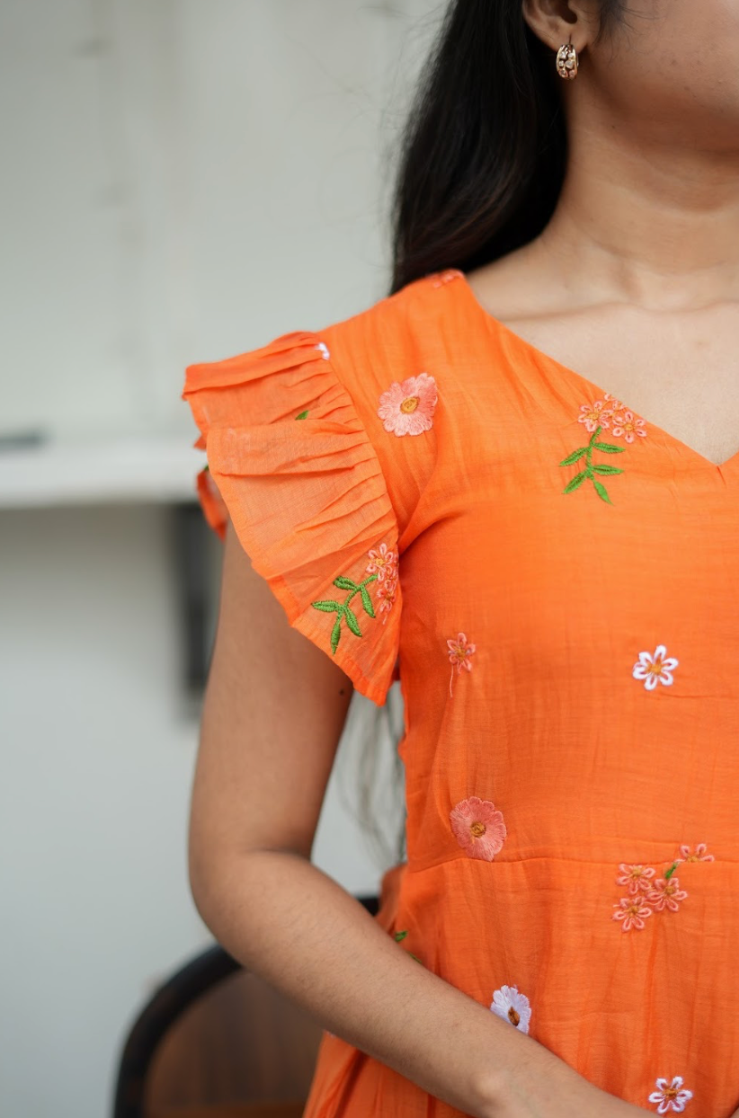 AYANA -Summer'26 (Fanta orange Floral embroidered dress) VC737