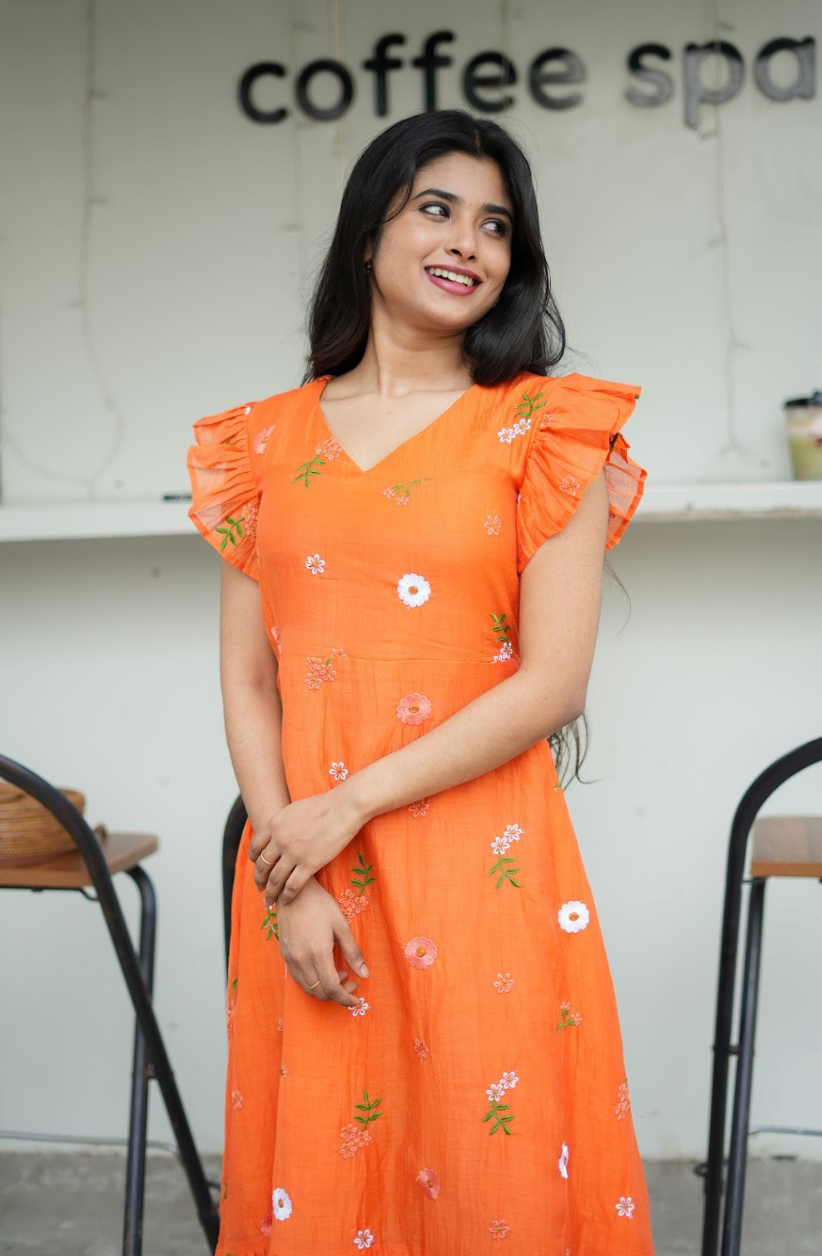AYANA -Summer'26 (Fanta orange Floral embroidered dress) VC737