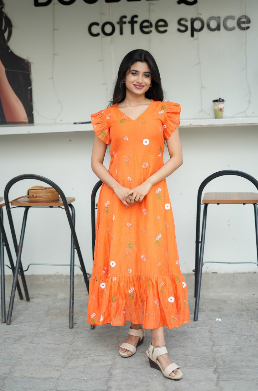 AYANA -Summer'26 (Fanta orange Floral embroidered dress) VC737