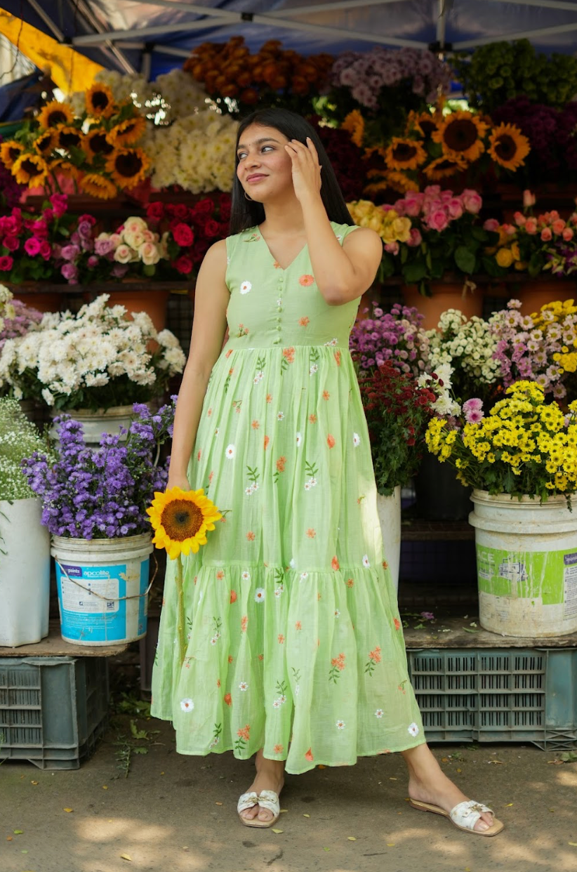 AYANA -Summer'26 (Green  Floral embroidered dress) VC736