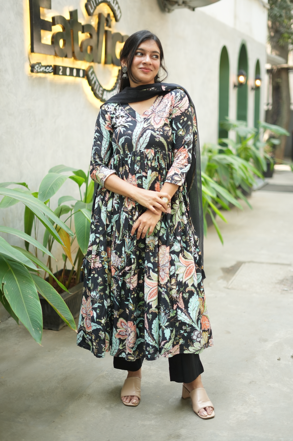 Aishu – Black Floral Block Print Alia-Cut Anarkali Set