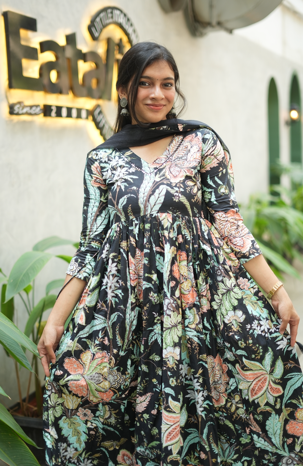 Aishu – Black Floral Block Print Alia-Cut Anarkali Set