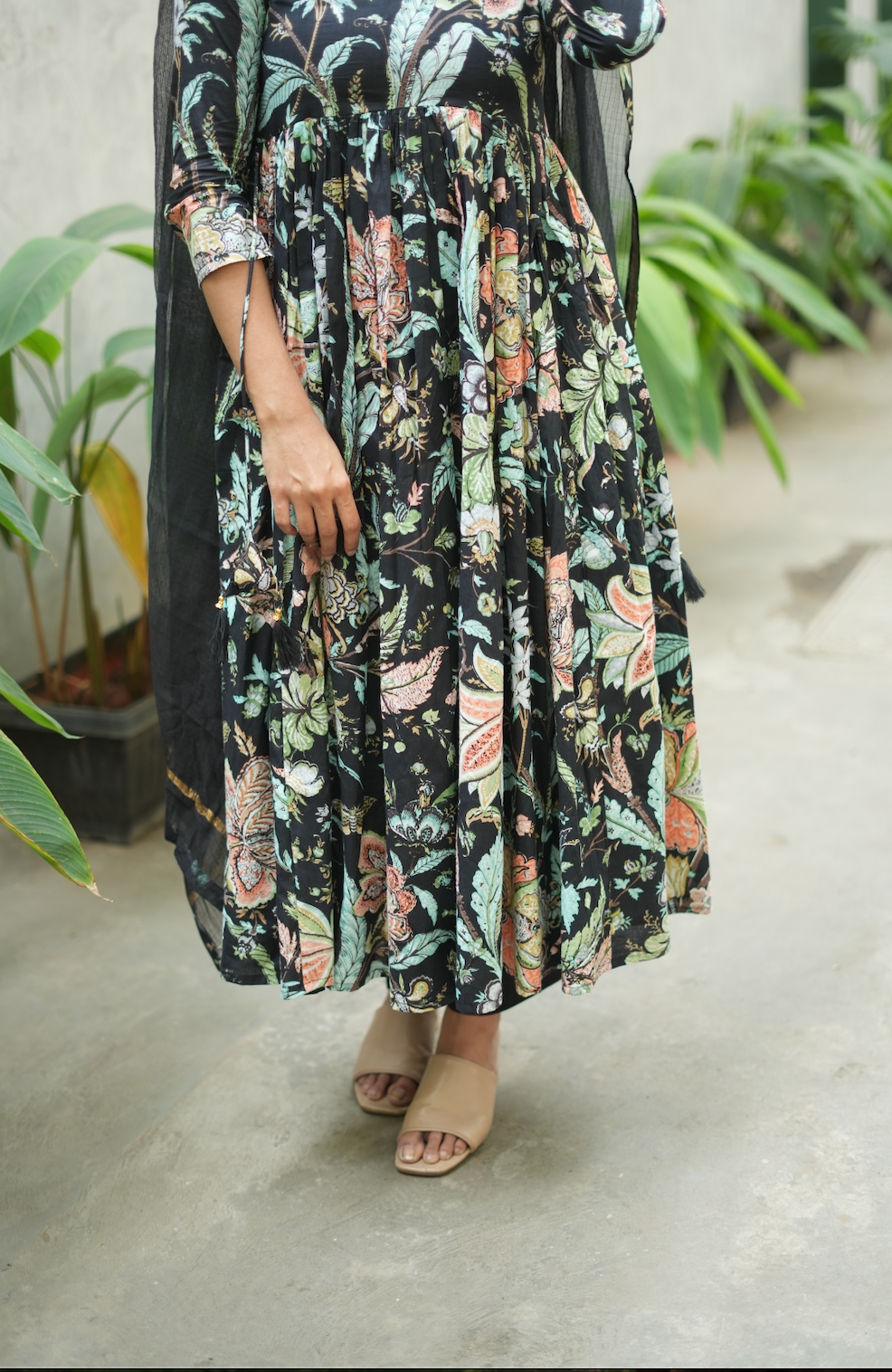 Aishu – Black Floral Block Print Alia-Cut Anarkali Set