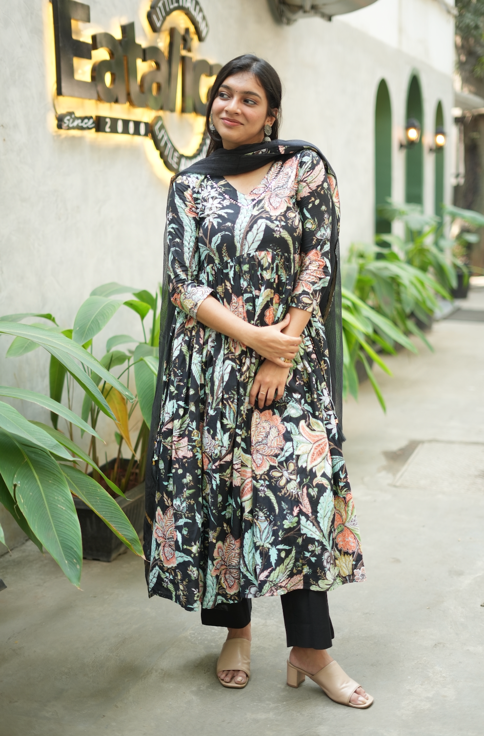 Aishu – Black Floral Block Print Alia-Cut Anarkali Set