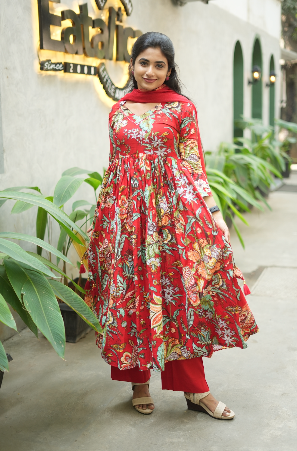 Aishu – Red Floral Block Print Alia-Cut Anarkali Set