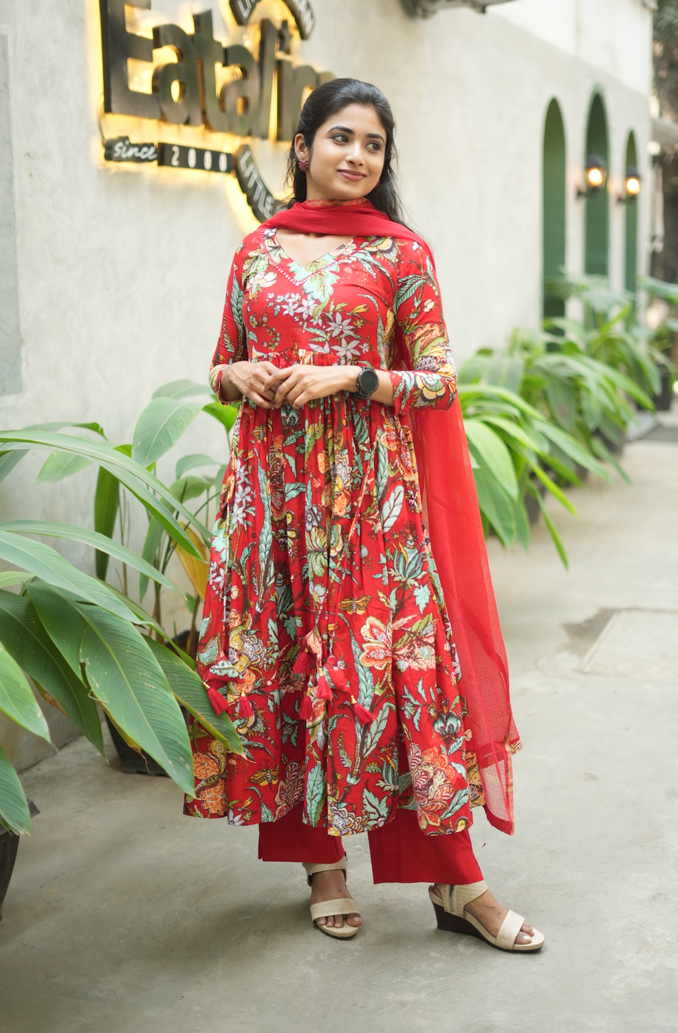 Aishu – Red Floral Block Print Alia-Cut Anarkali Set
