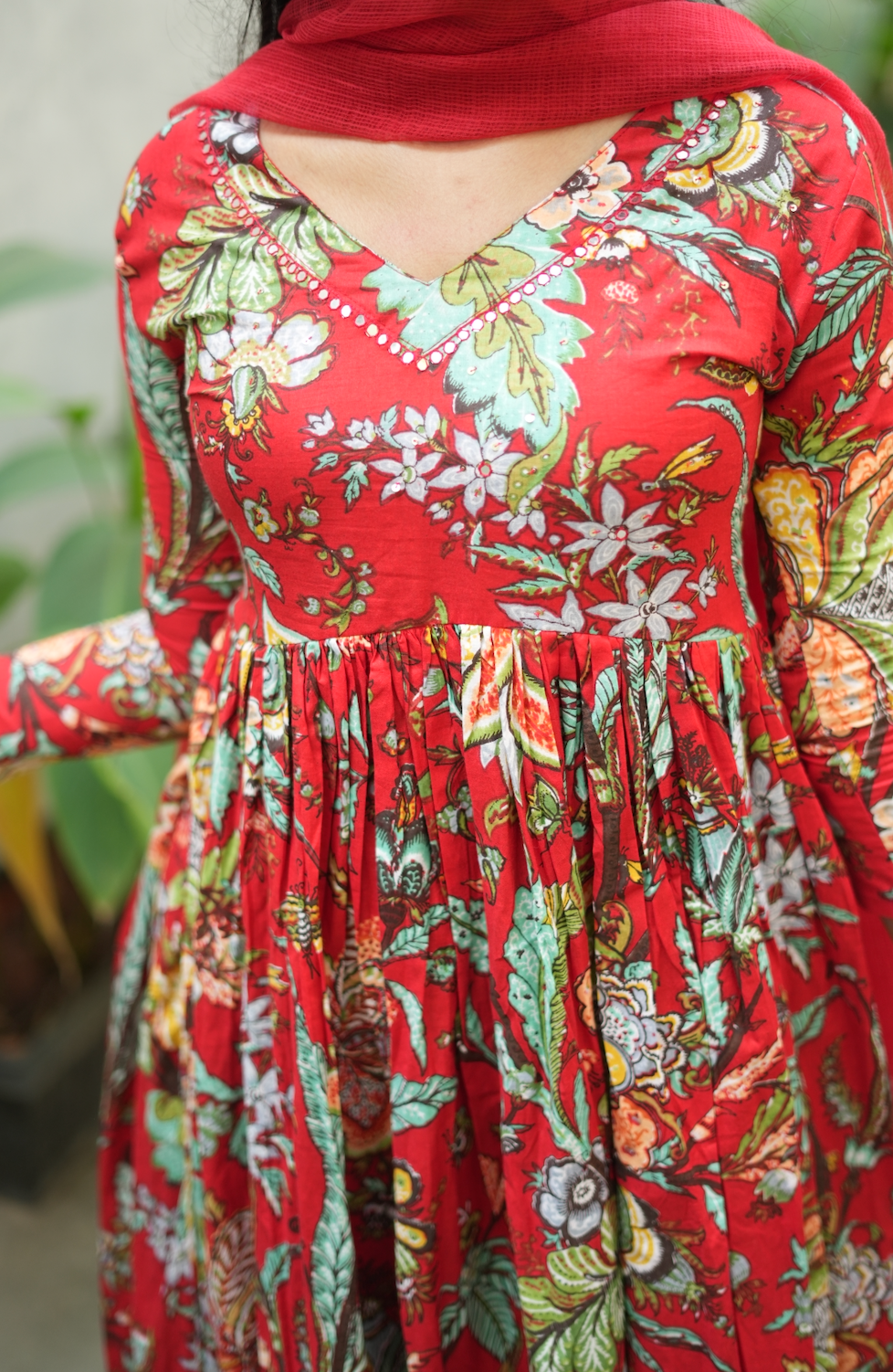 Aishu – Red Floral Block Print Alia-Cut Anarkali Set