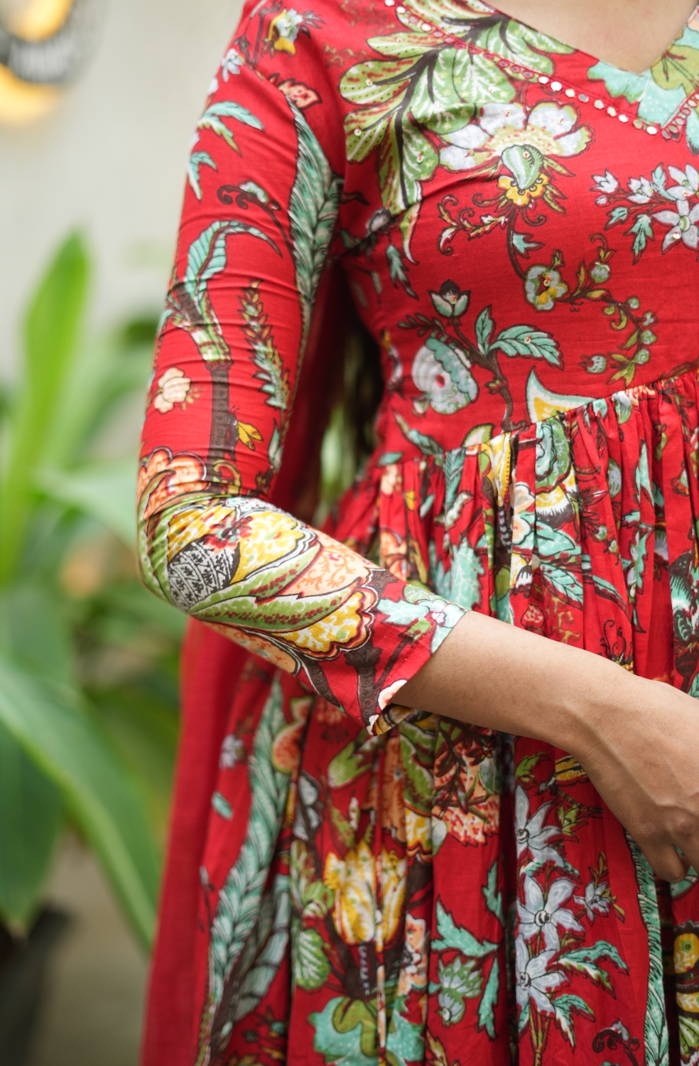 Aishu – Red Floral Block Print Alia-Cut Anarkali Set