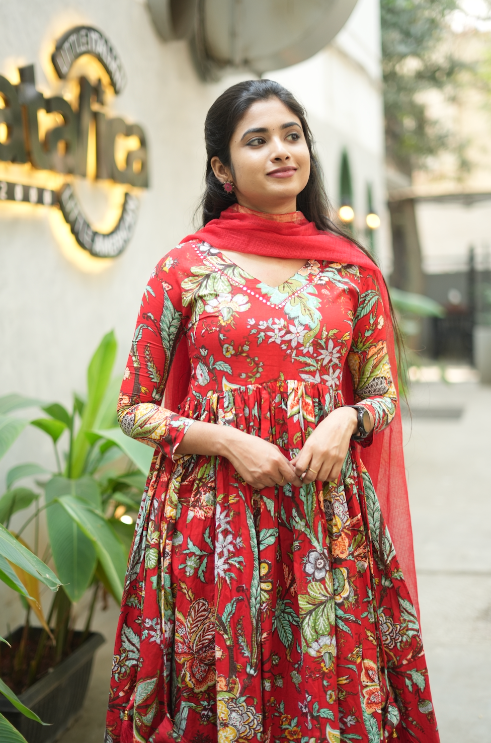 Aishu – Red Floral Block Print Alia-Cut Anarkali Set