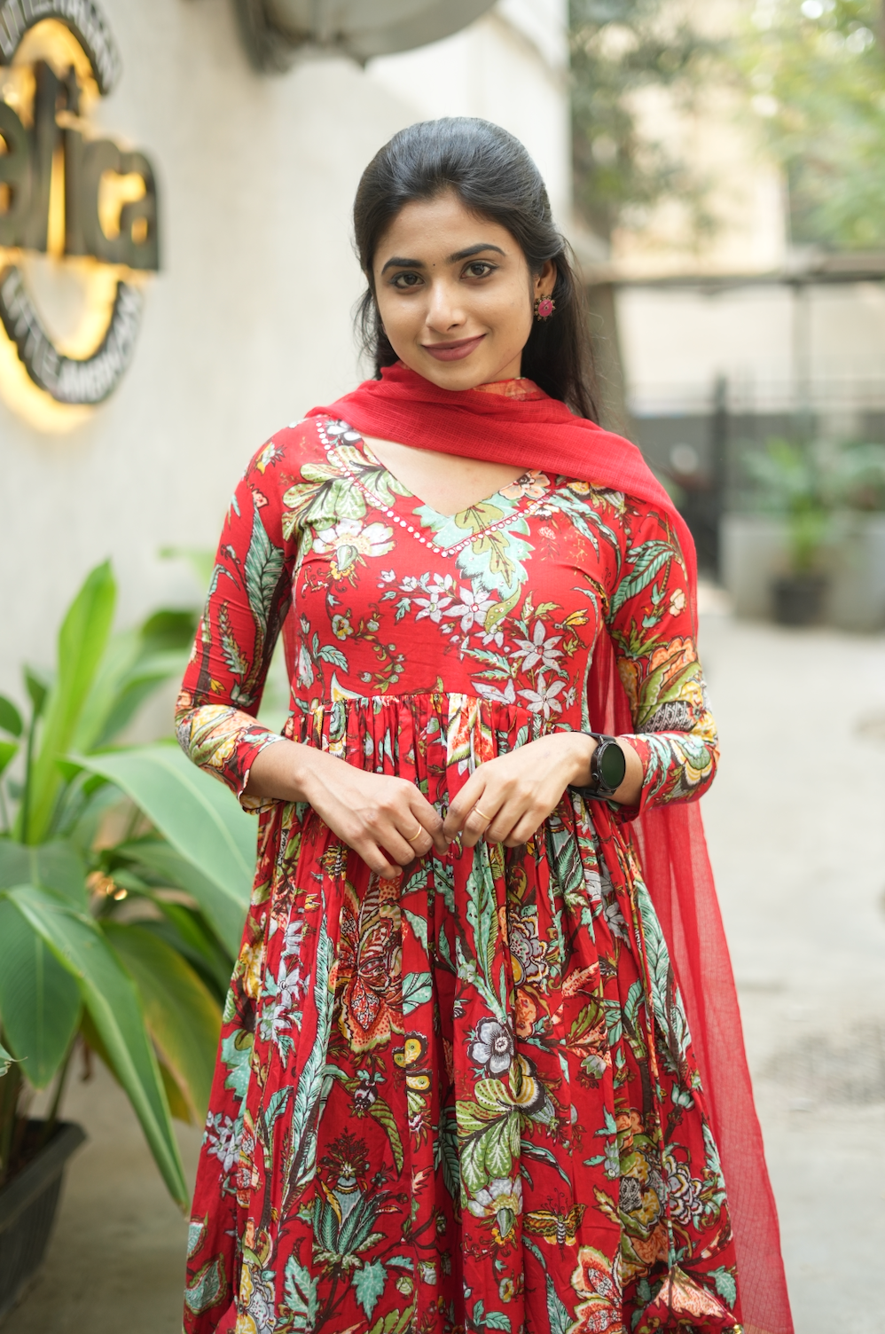 Aishu – Red Floral Block Print Alia-Cut Anarkali Set