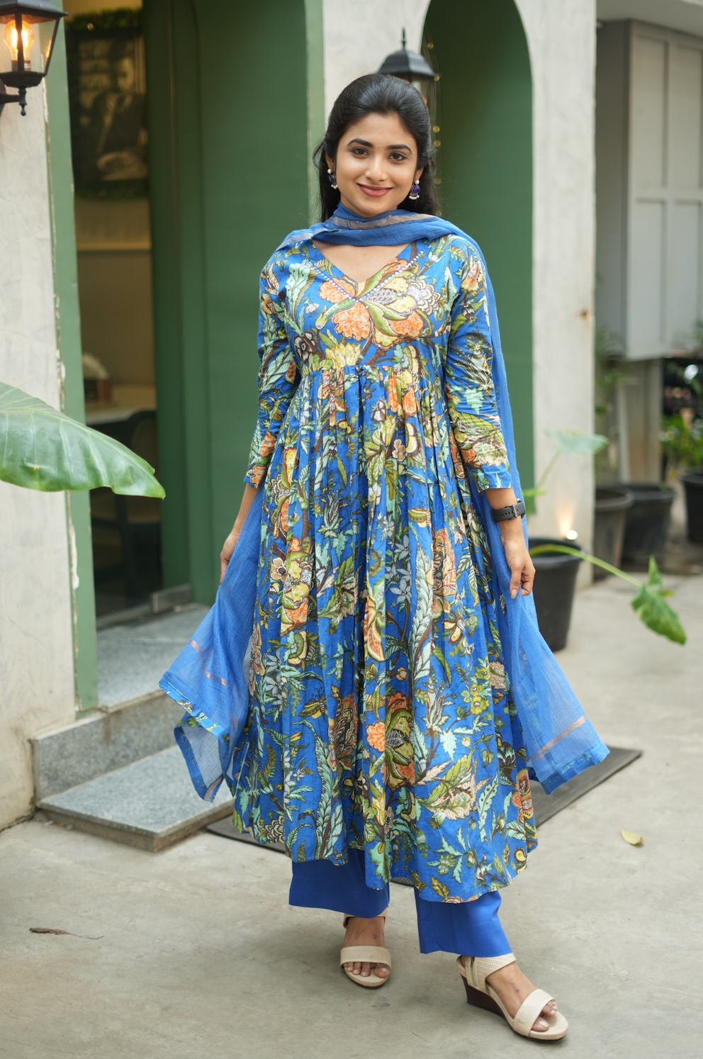 Aishu – Blue Floral Block Print Alia-Cut Anarkali Set