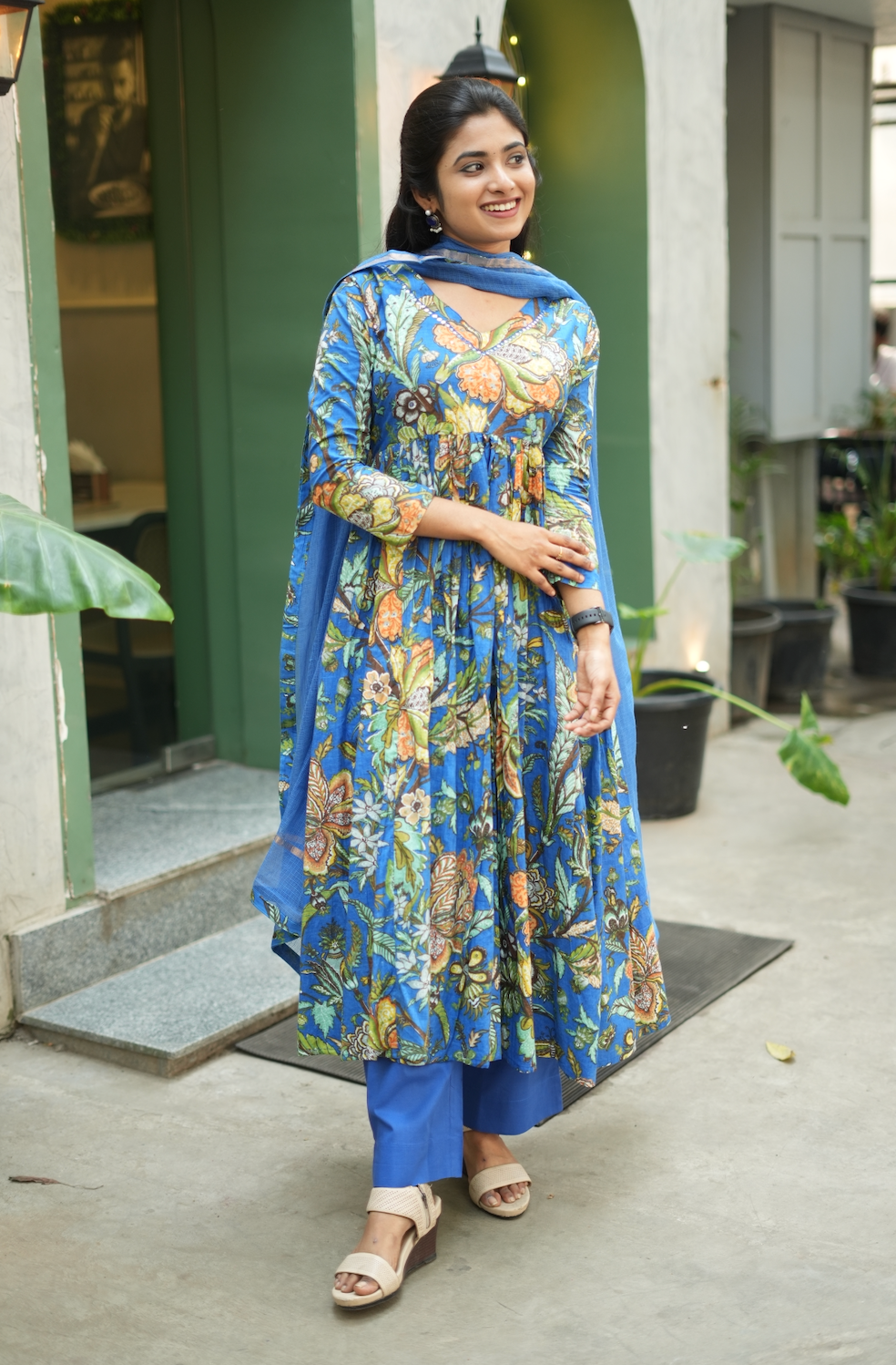 Aishu – Blue Floral Block Print Alia-Cut Anarkali Set