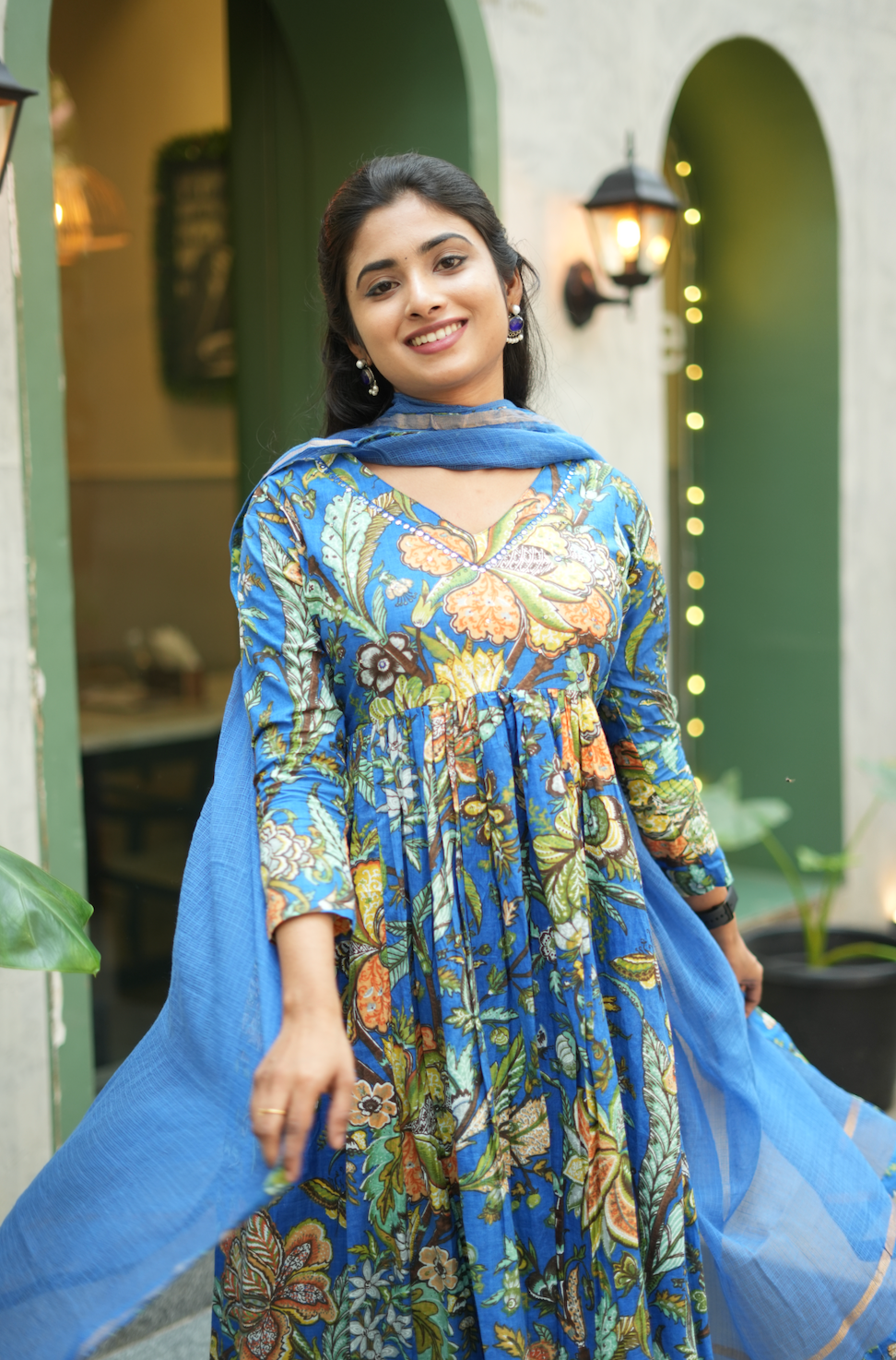 Aishu – Blue Floral Block Print Alia-Cut Anarkali Set