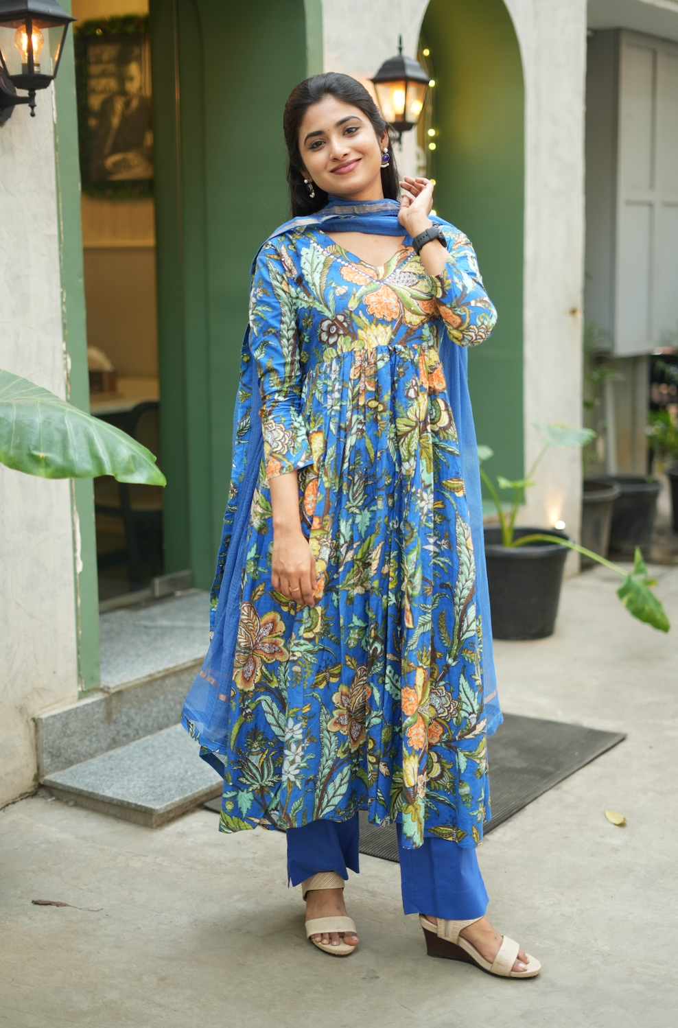 Aishu – Blue Floral Block Print Alia-Cut Anarkali Set