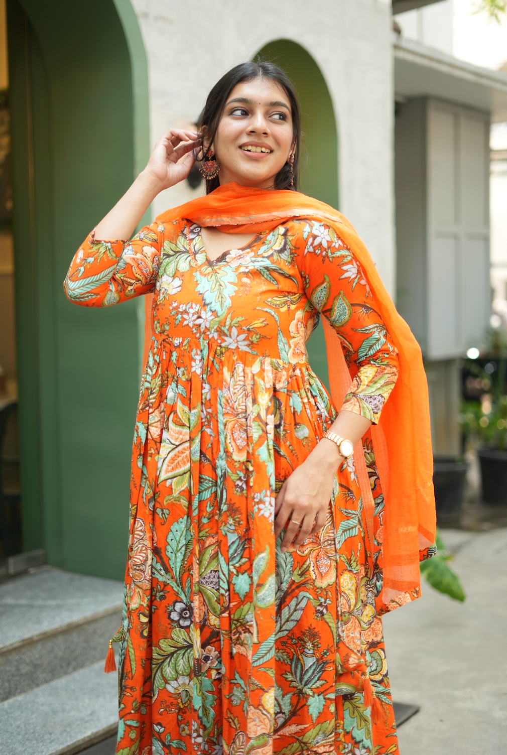 Aishu – Orange Floral Block Print Alia-Cut Anarkali Set