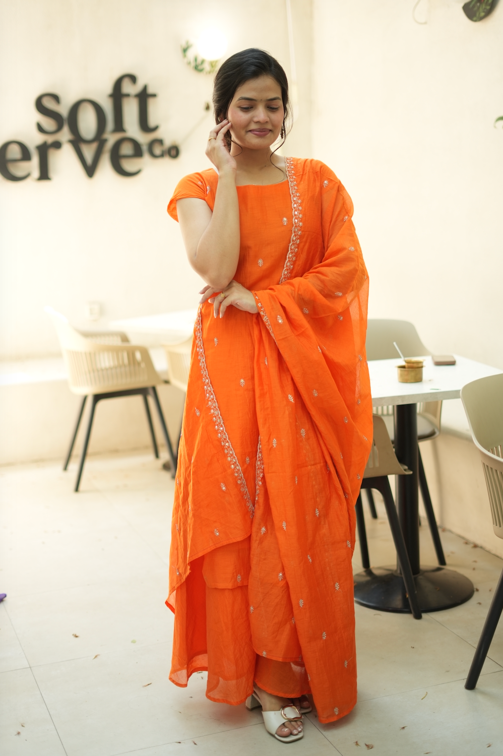 Pranitha – Orange Mal Chanderi Silk Embroidered Suit (VC984)