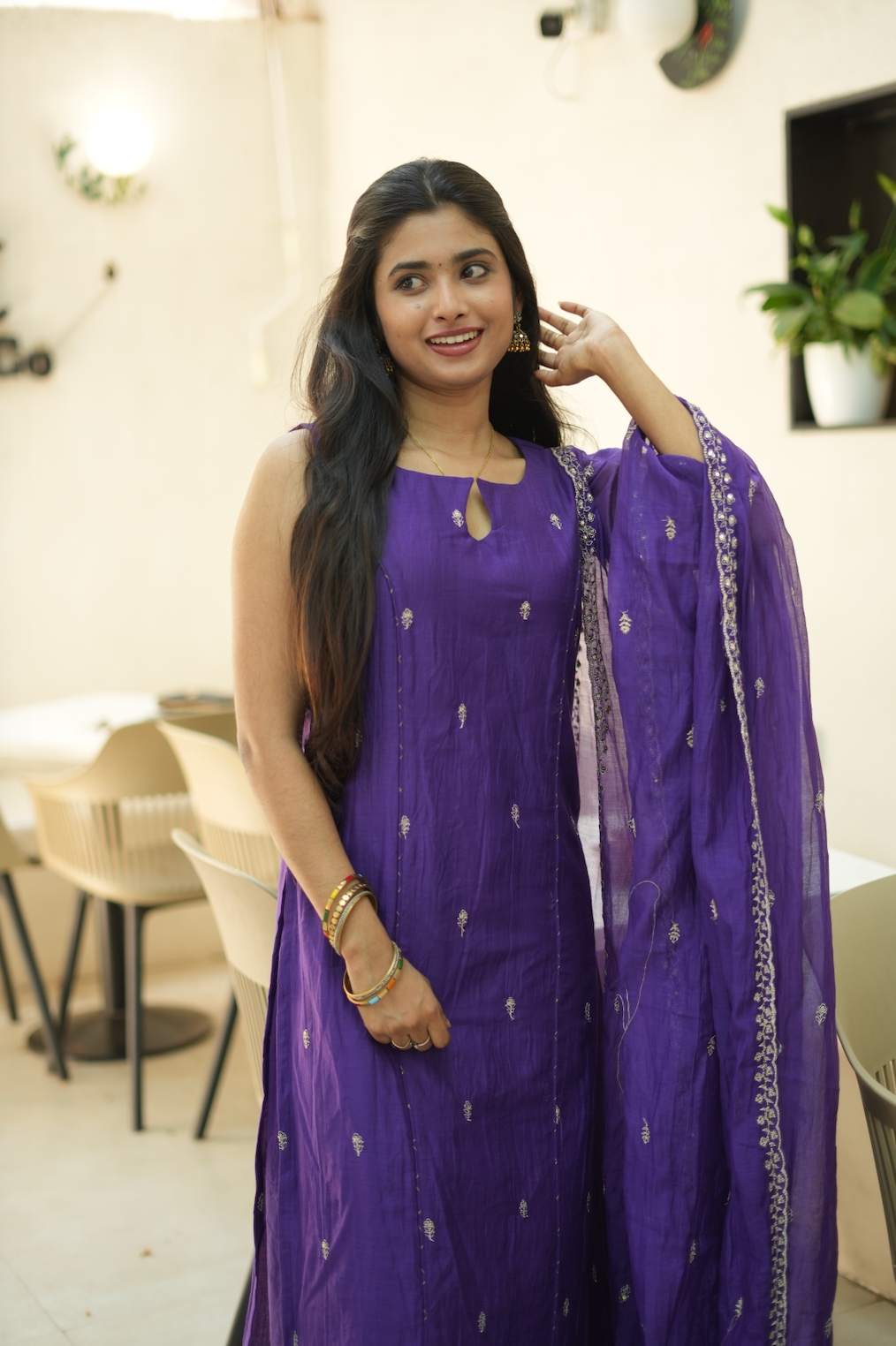 Pranitha – Violet Mal Chanderi Silk Embroidered Suit (VC985)
