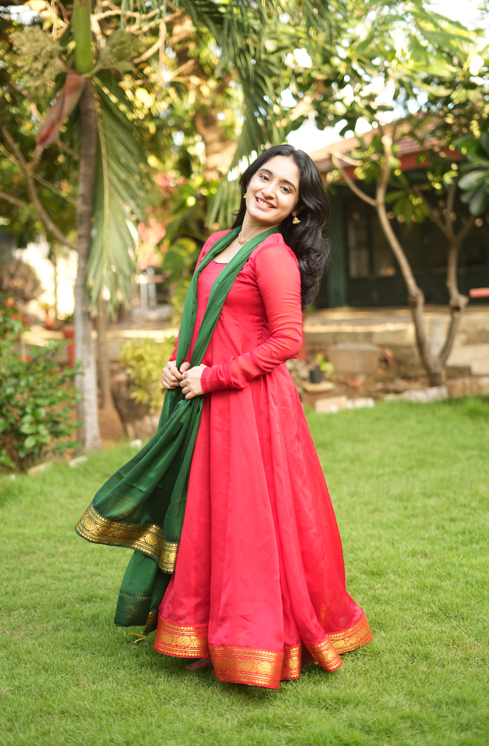 Temple Window – Red Handloom Anarkali with Green Dupatta