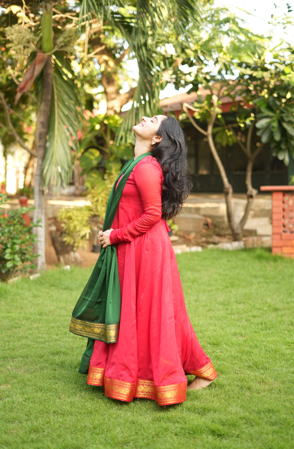 Temple Window – Red Handloom Anarkali with Green Dupatta