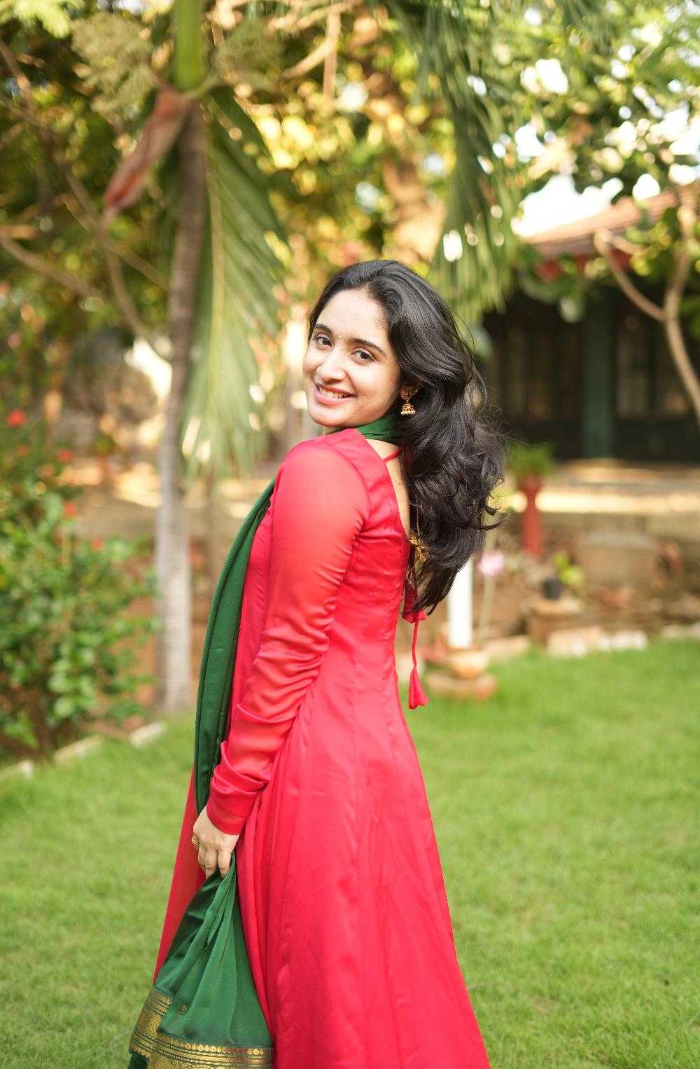 Temple Window – Red Handloom Anarkali with Green Dupatta