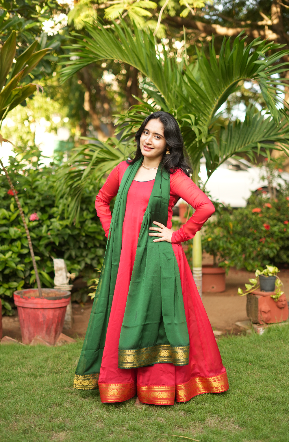 Temple Window – Red Handloom Anarkali with Green Dupatta