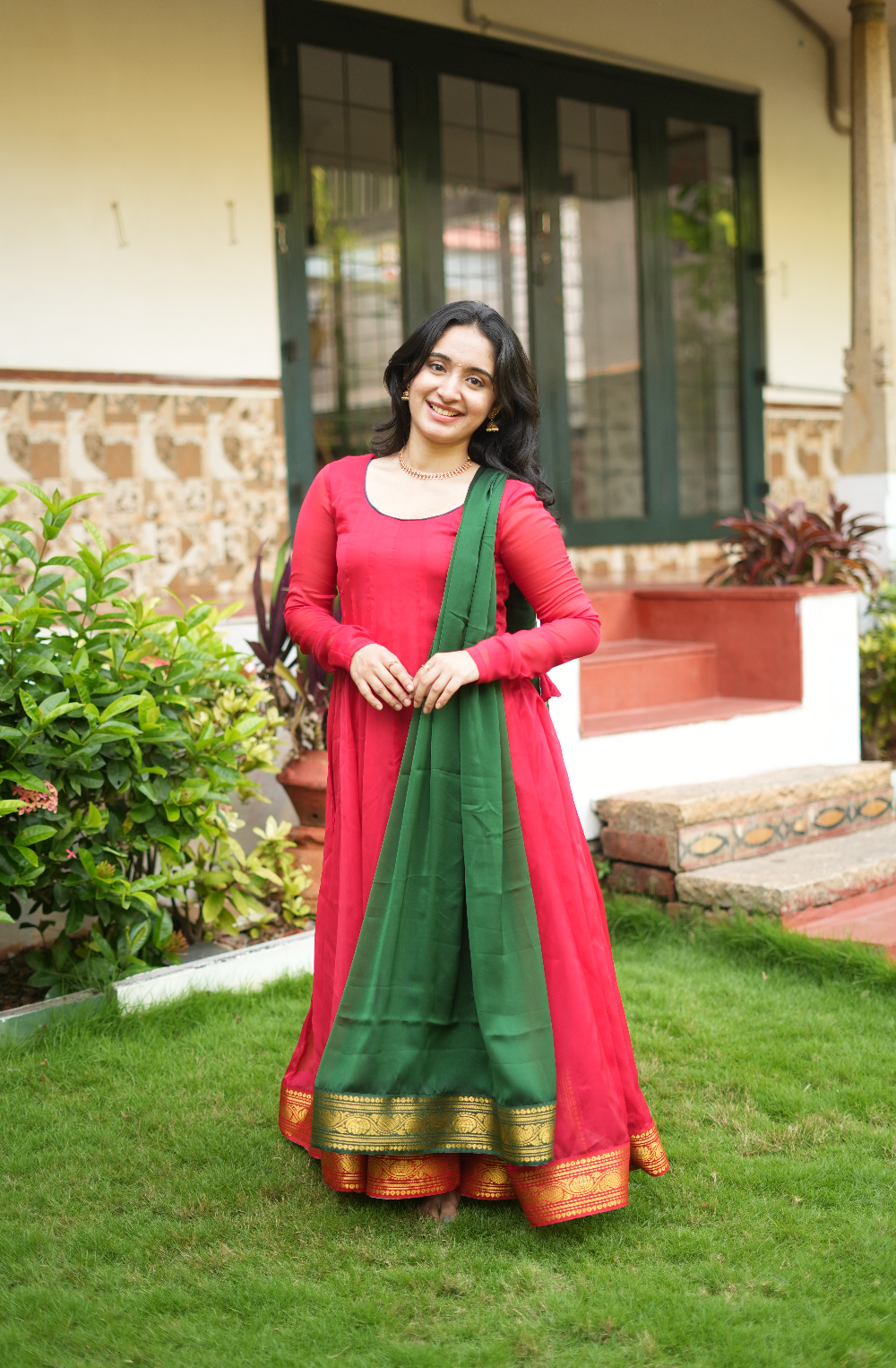 Temple Window – Red Handloom Anarkali with Green Dupatta