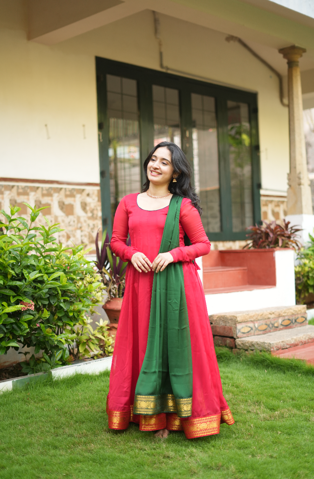 Temple Window – Red Handloom Anarkali with Green Dupatta