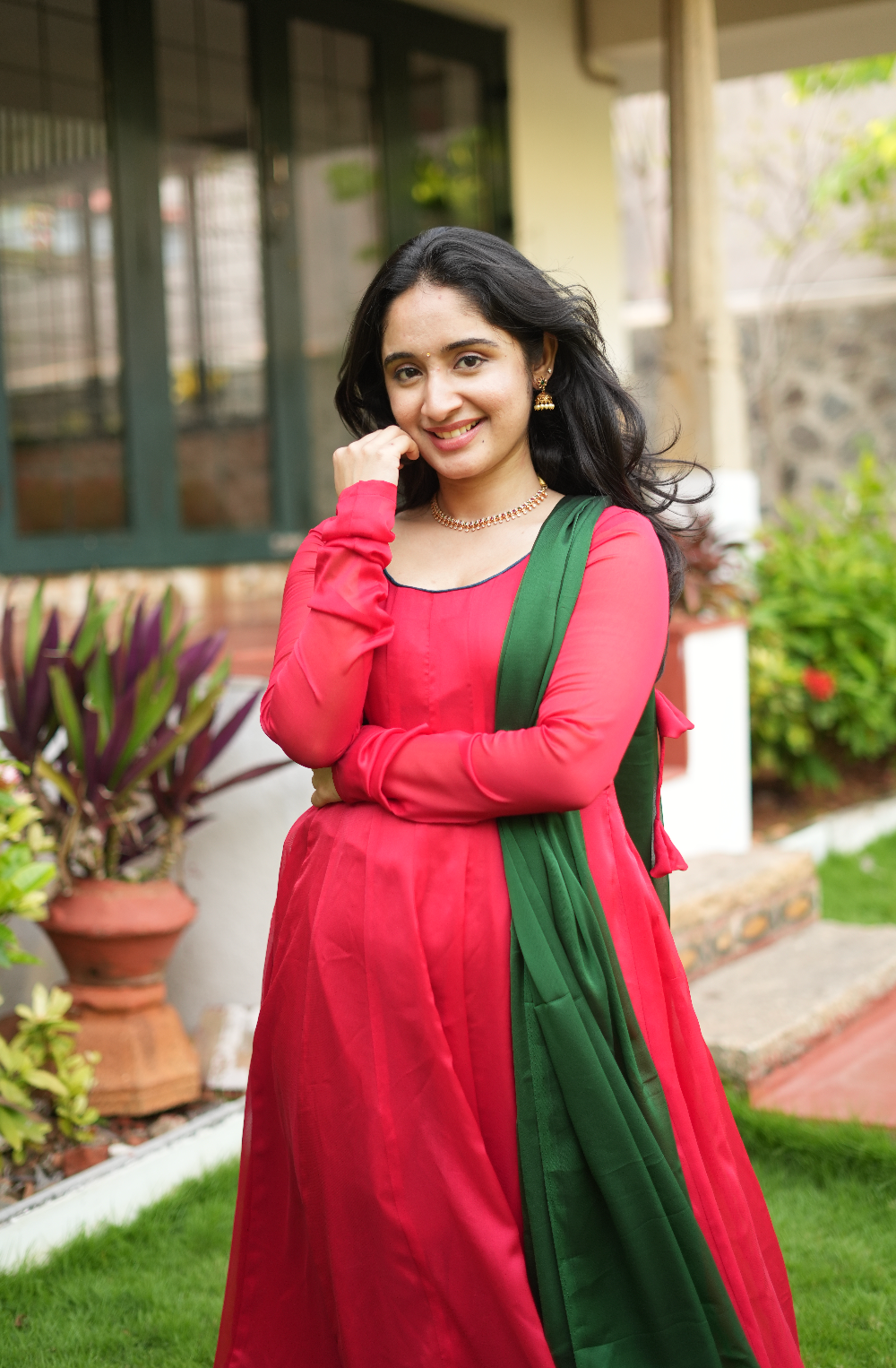 Temple Window – Red Handloom Anarkali with Green Dupatta