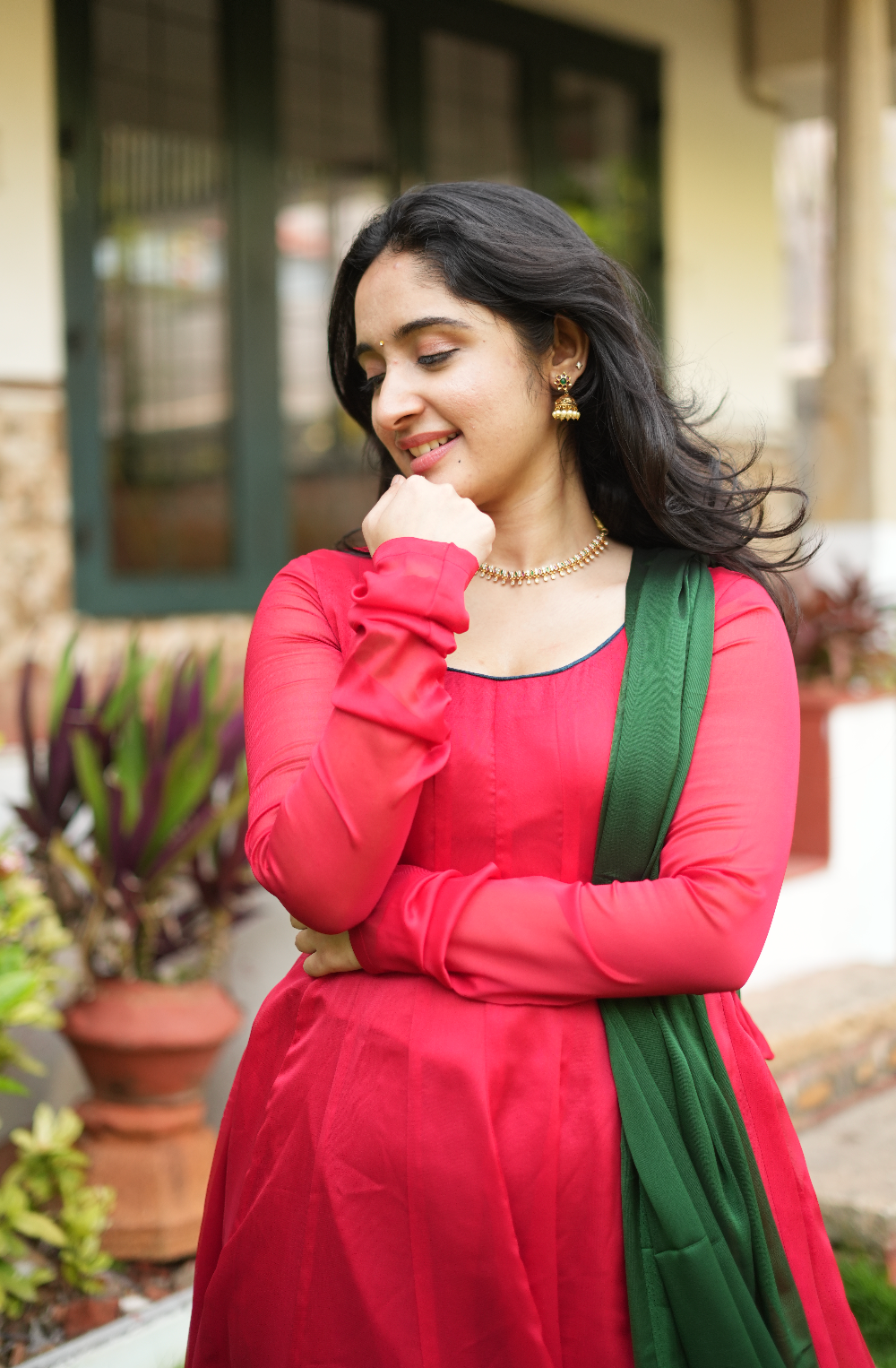 Temple Window – Red Handloom Anarkali with Green Dupatta