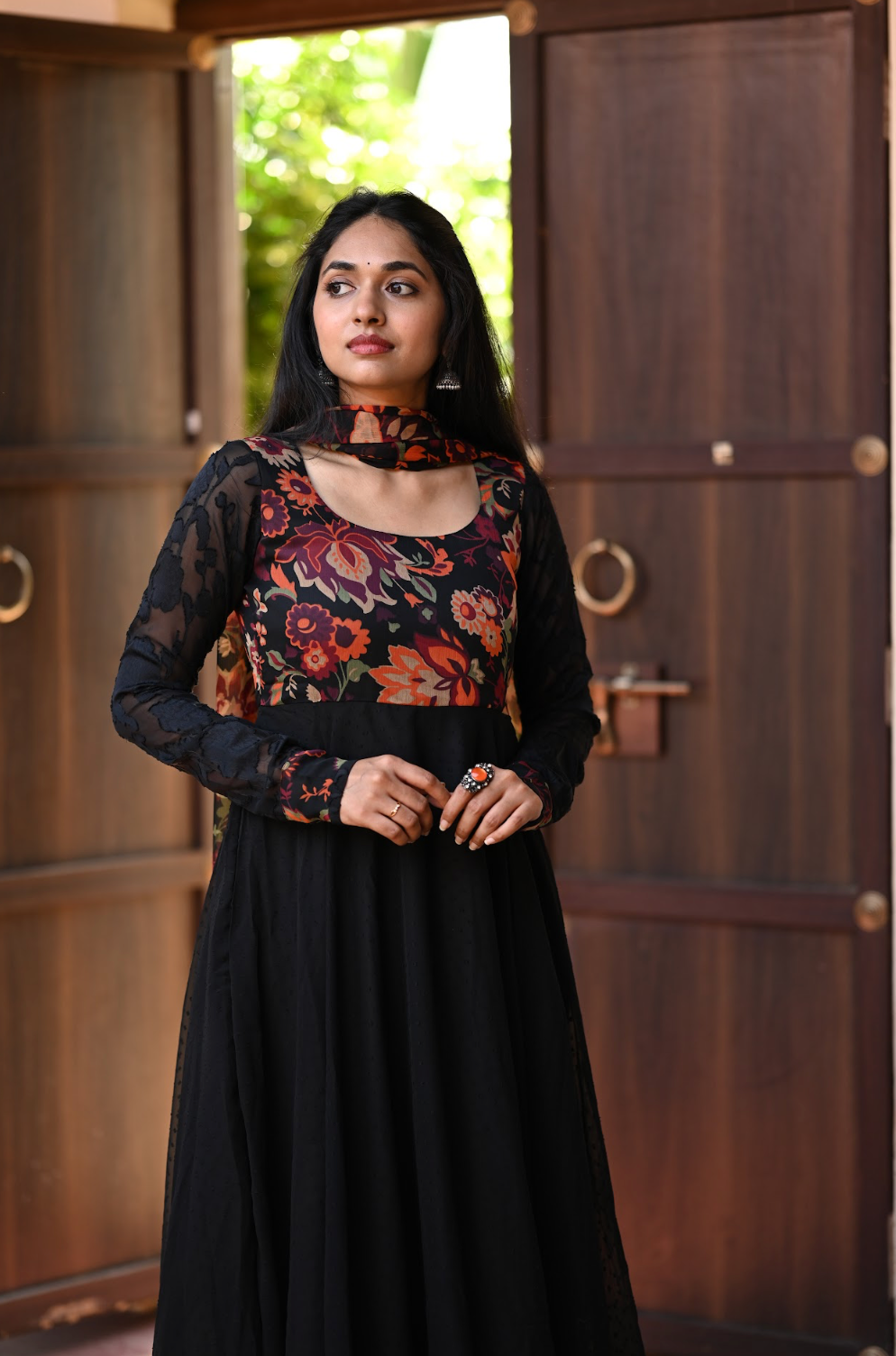 Black Kalamkari Dobby Anarkali Dress (VCD1017)