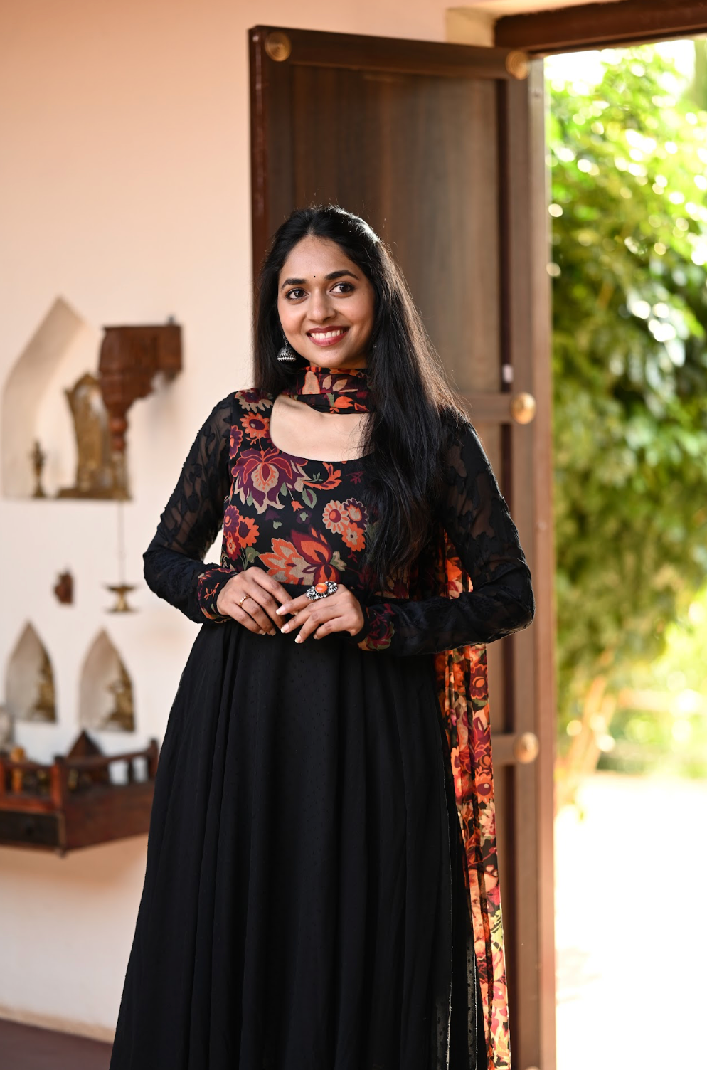 Black Kalamkari Dobby Anarkali Dress (VCD1017)
