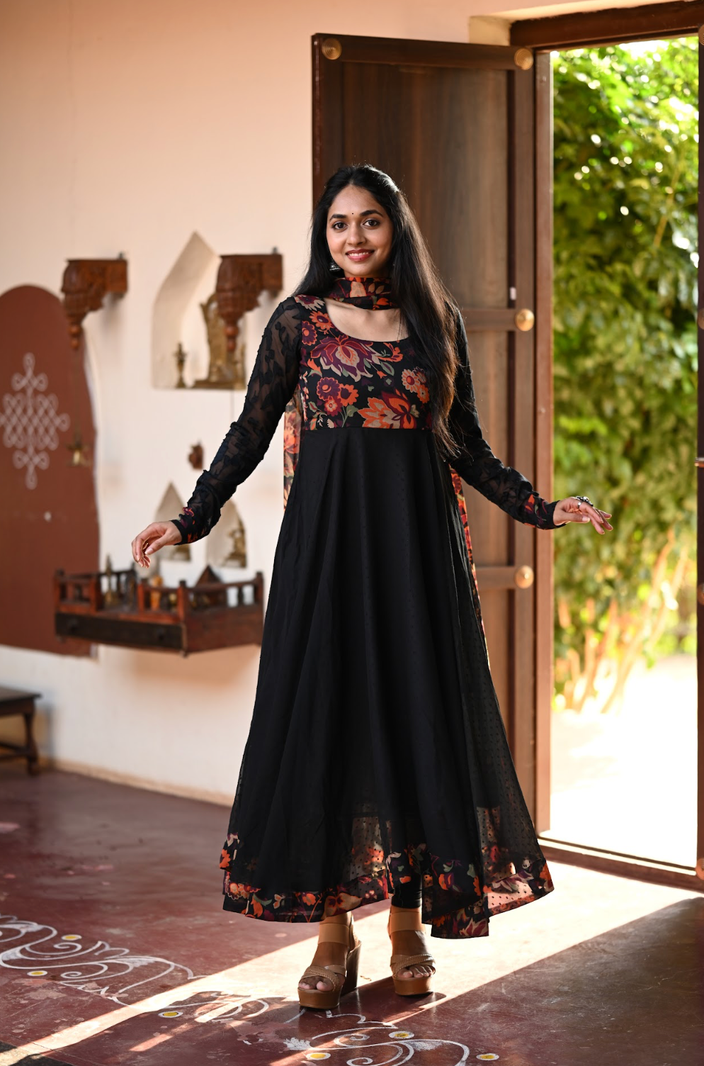 Black Kalamkari Dobby Anarkali Dress (VCD1017)