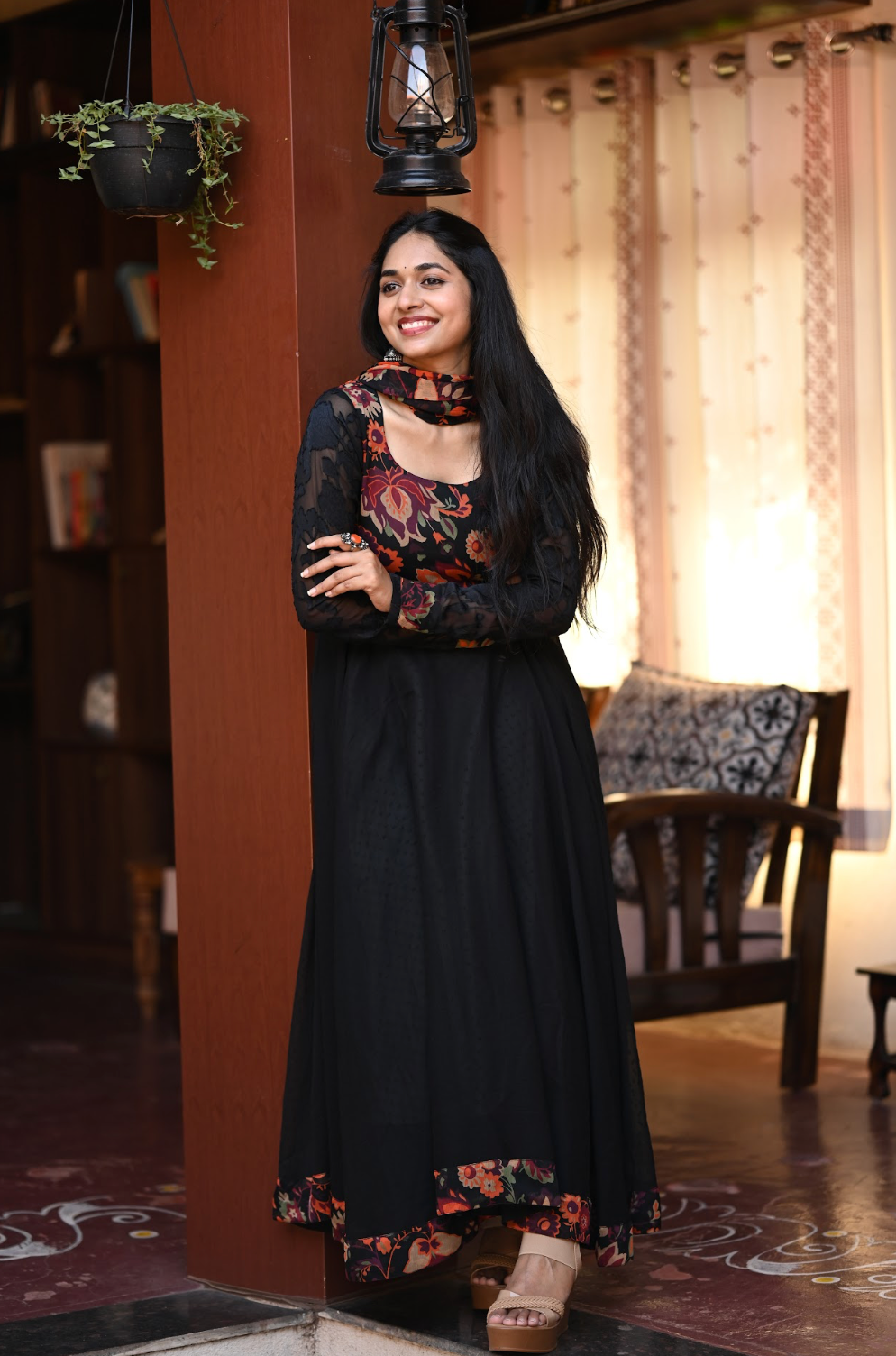 Black Kalamkari Dobby Anarkali Dress (VCD1017)