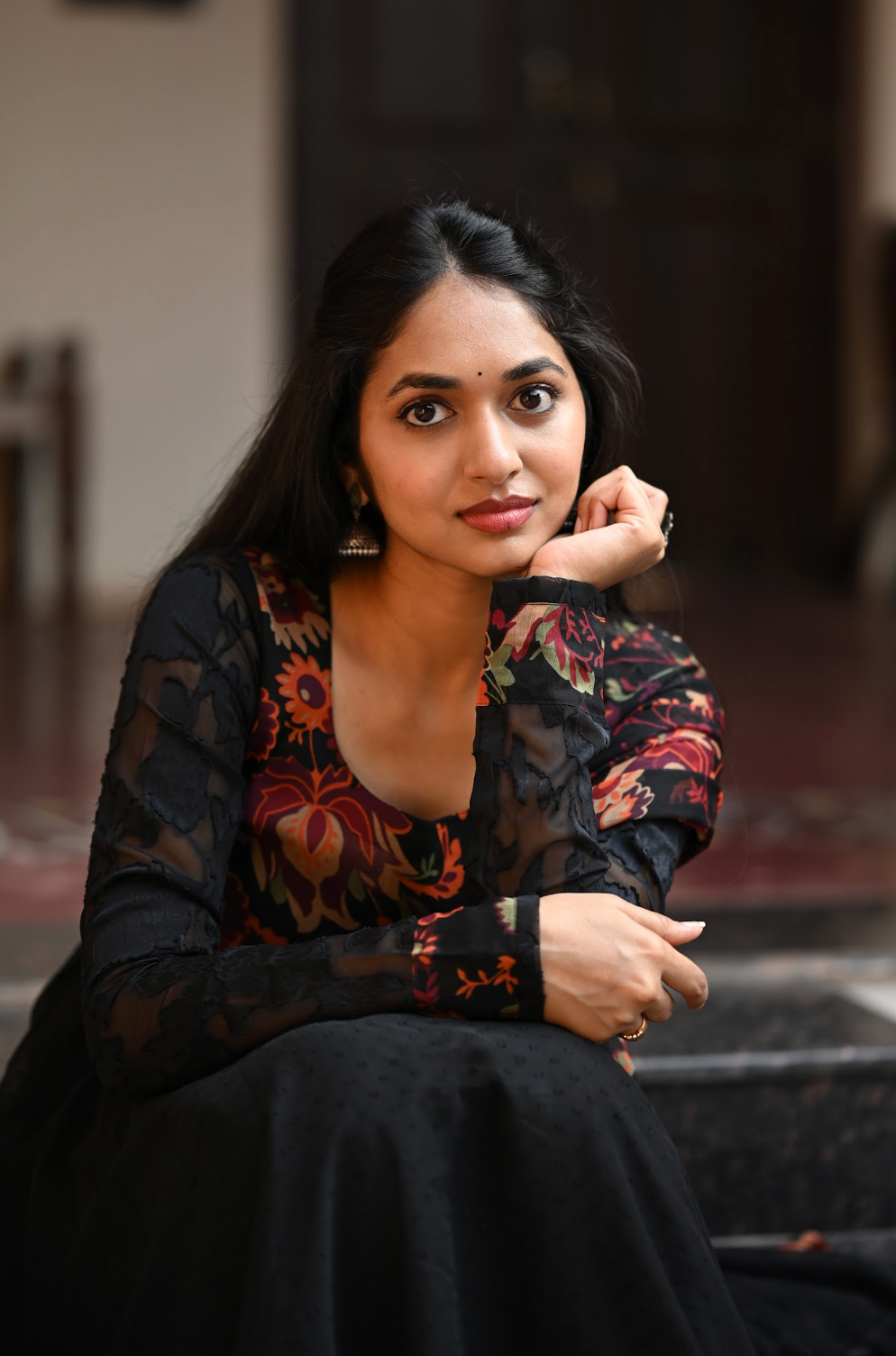 Black Kalamkari Dobby Anarkali Dress (VCD1017)