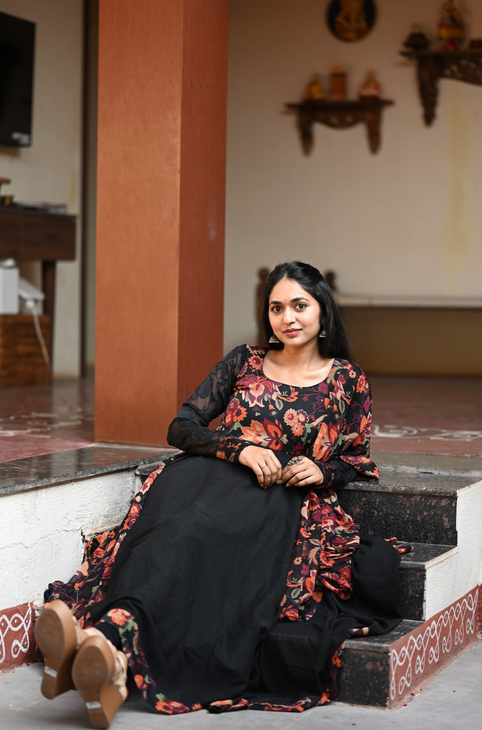 Black Kalamkari Dobby Anarkali Dress (VCD1017)