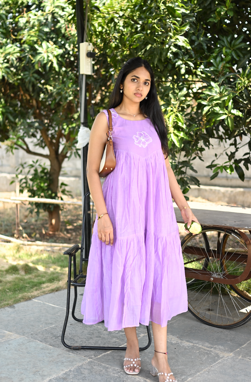 ANVI -  Lilac mal Chanderi embroidered 3-tier summer dress