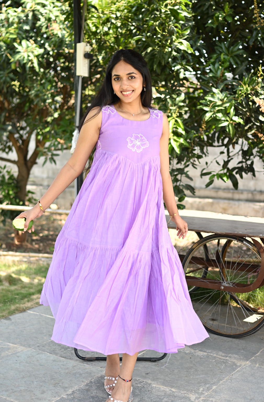 ANVI -  Lilac mal Chanderi embroidered 3-tier summer dress