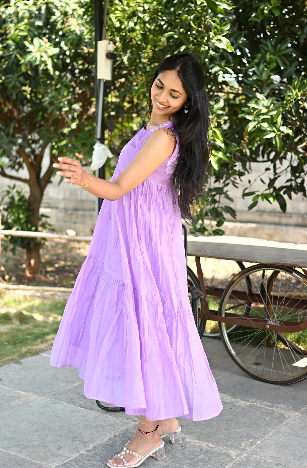 ANVI -  Lilac mal Chanderi embroidered 3-tier summer dress