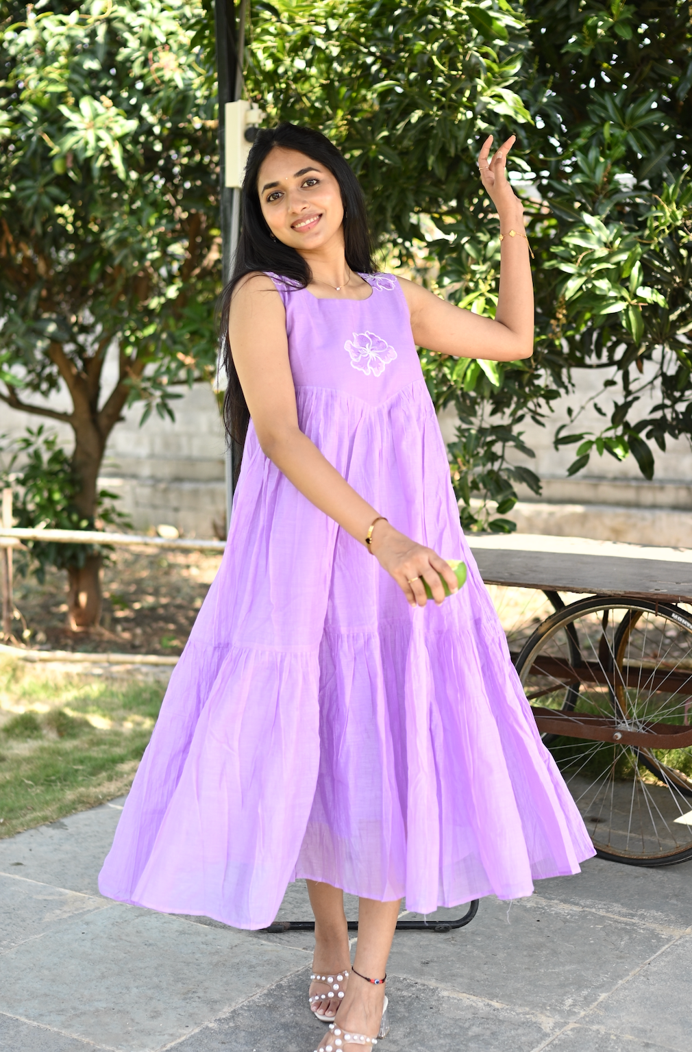 ANVI -  Lilac mal Chanderi embroidered 3-tier summer dress