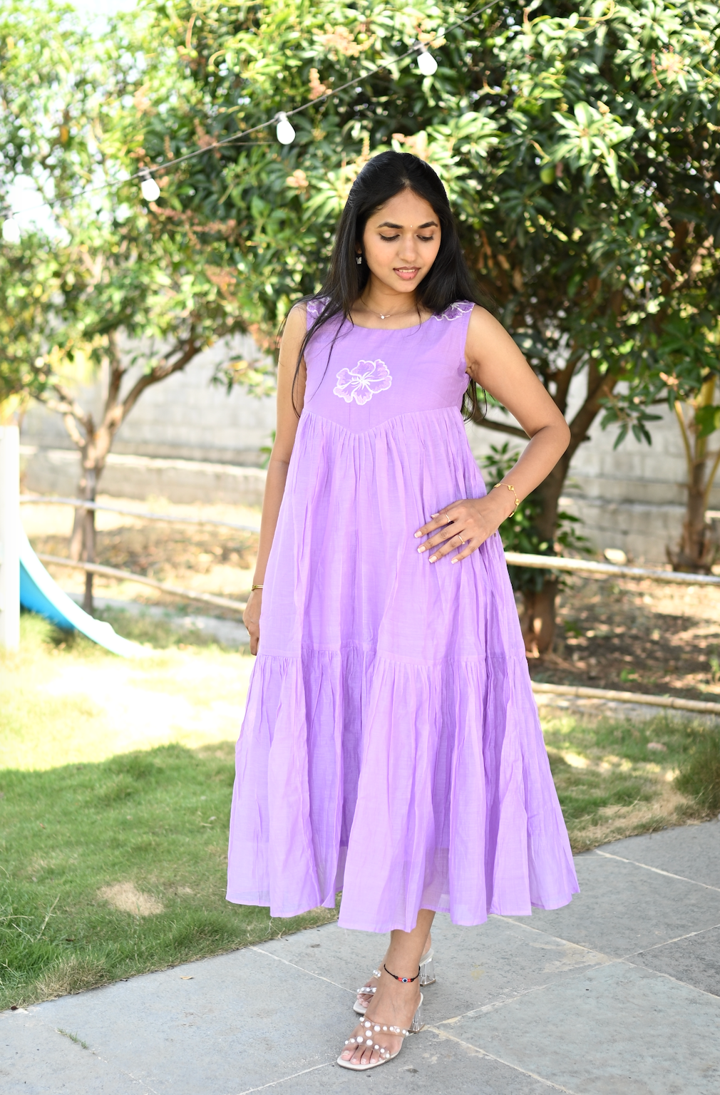 ANVI -  Lilac mal Chanderi embroidered 3-tier summer dress