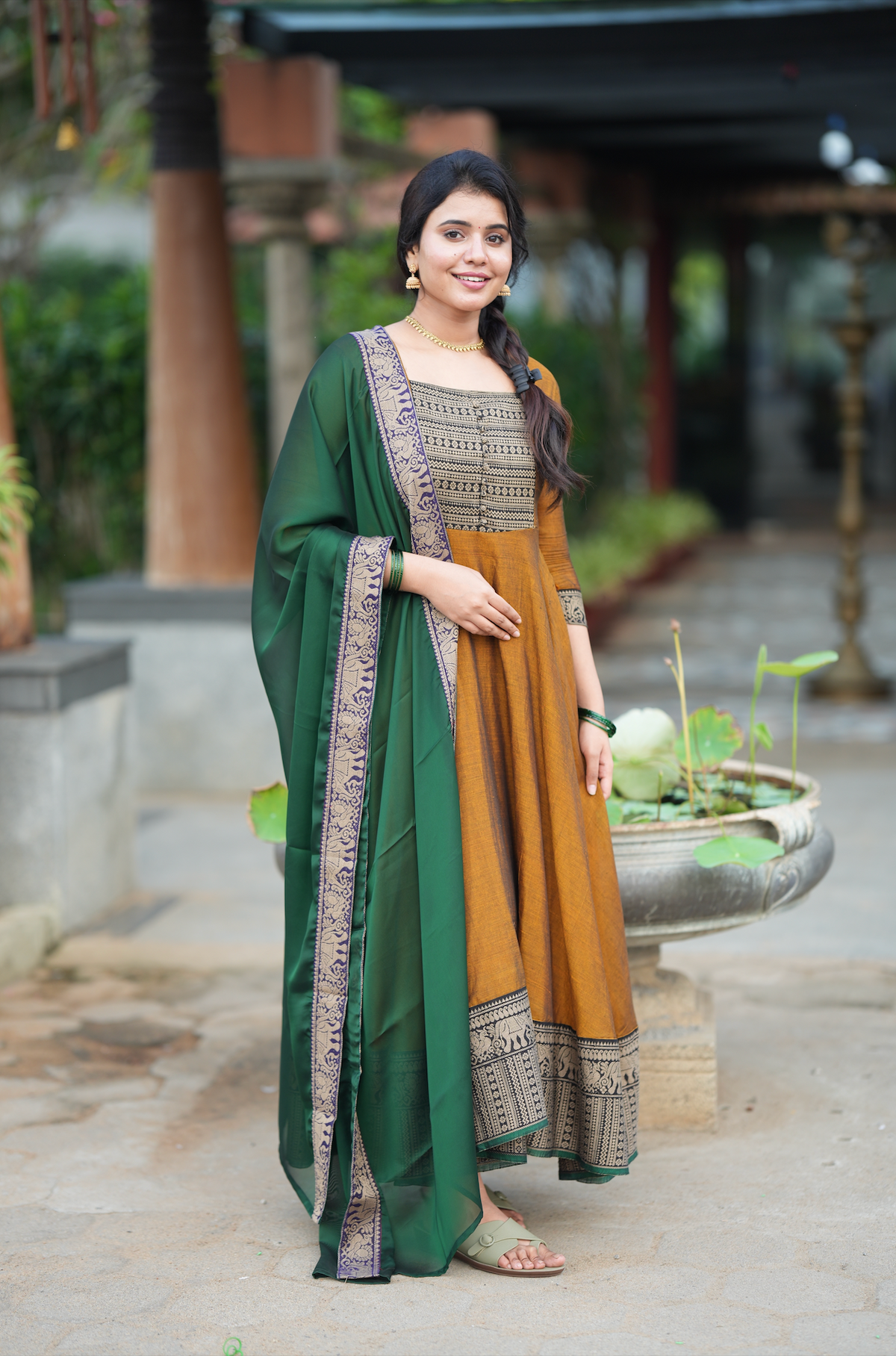 Mirna – Green Narayanpet Anarkali with Mustard Dupatta