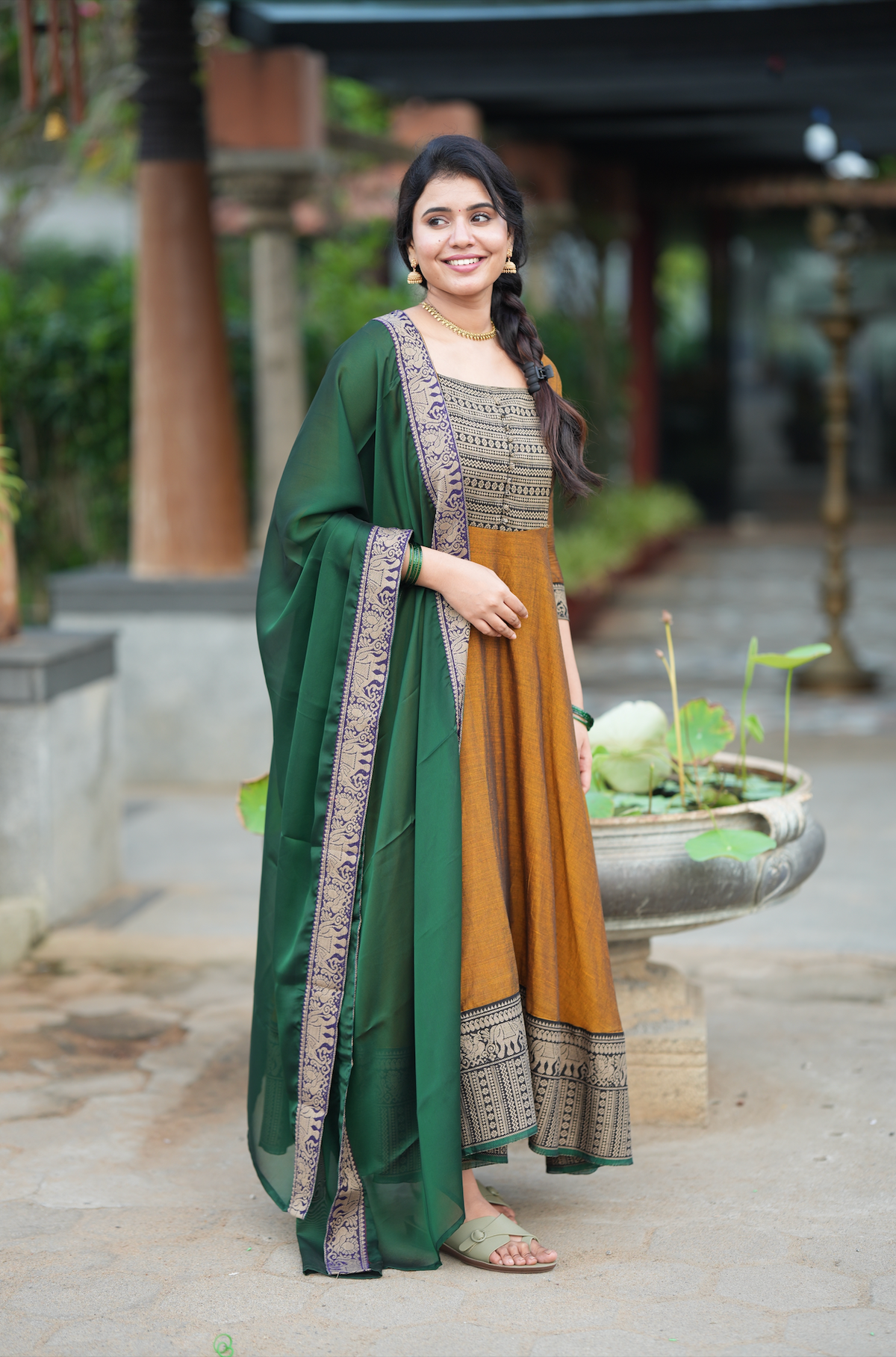 Mirna – Green Narayanpet Anarkali with Mustard Dupatta