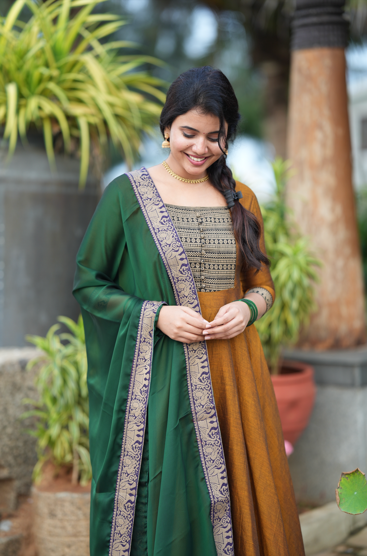 Mirna – Green Narayanpet Anarkali with Mustard Dupatta