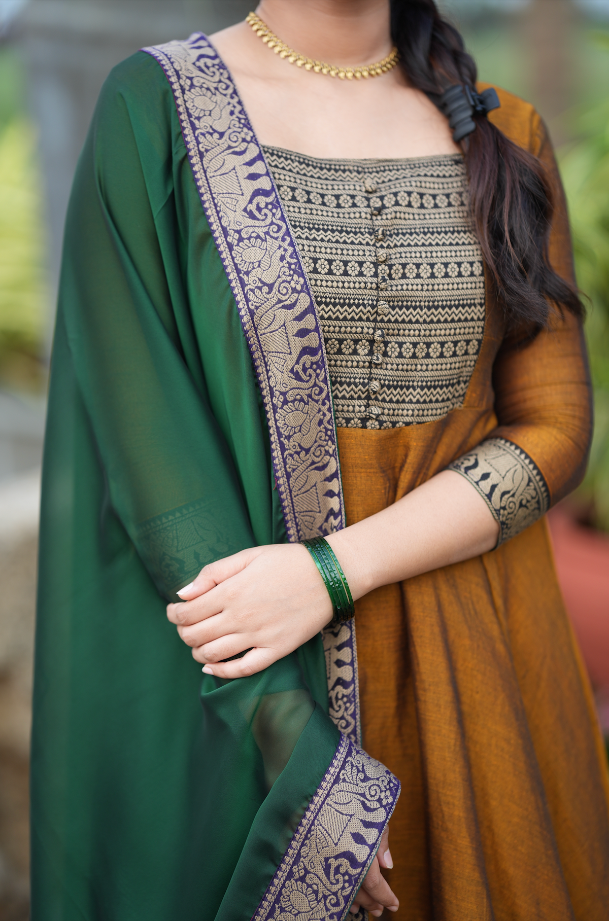 Mirna – Green Narayanpet Anarkali with Mustard Dupatta