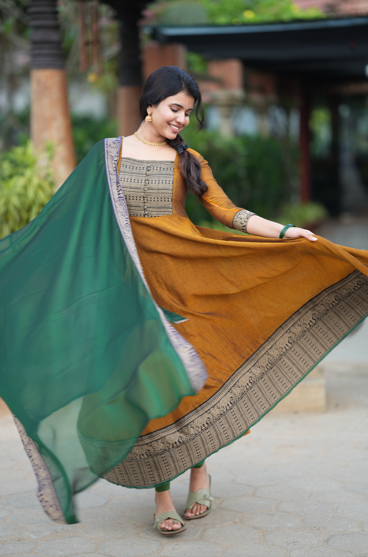 Mirna – Green Narayanpet Anarkali with Mustard Dupatta
